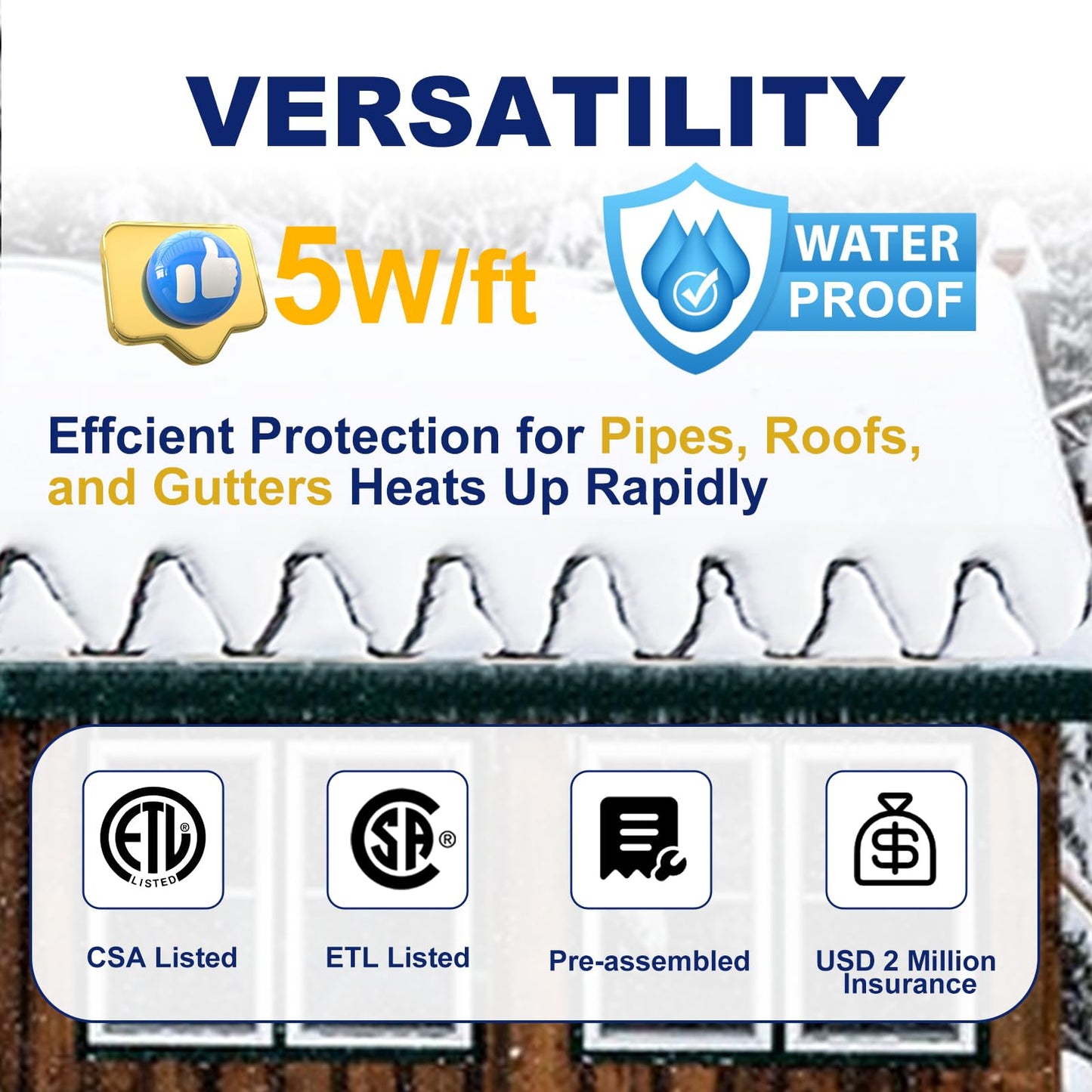 HEATIT HIRD 80 feet Roof & Gutter Snow De-Icing Kit, 5W/ft Heat Tape for Roof and Gutters Ice Dam Prevention with 6 ft Power Cord