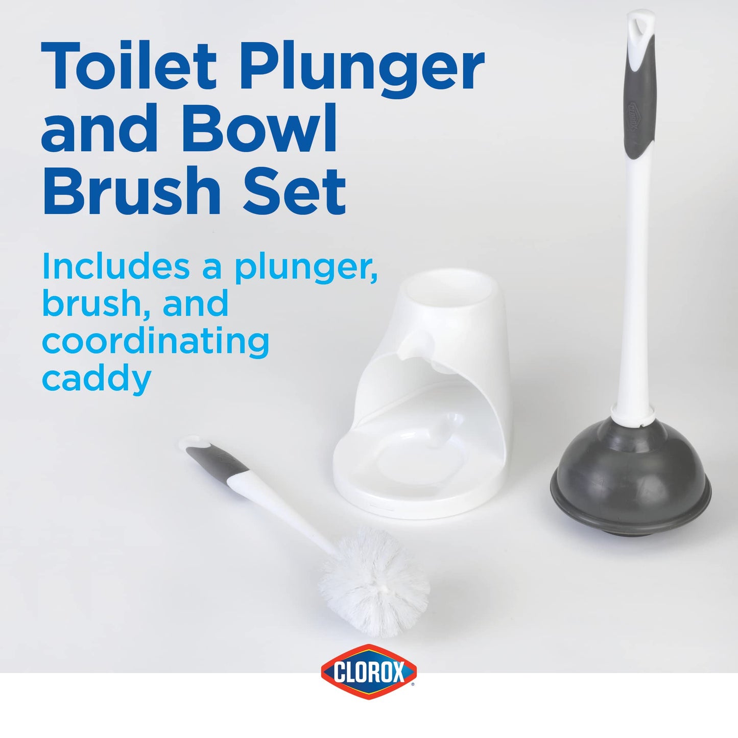 Clorox Toilet Bowl Brush & Plunger Combo Set with Storage Caddy, Set of 2 - Toilet Plunger for Bathroom, Bathroom Organizer & Storage, Bathroom Accessories, Toilet Unclogger, Long Handled Toilet Brush
