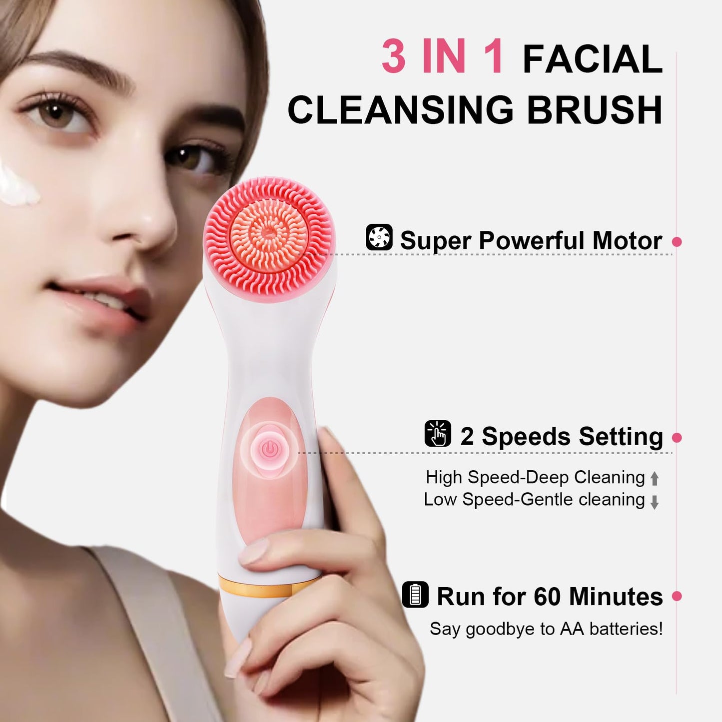 Facial Cleansing Brush, Waterproof Dual-Rotation Face Scrubber Exfoliator with 3 Brush Heads and 2 Adjustable Speeds, Rechargeable Exfoliating Face Brushes for Cleansing and Skin Care (Pink)