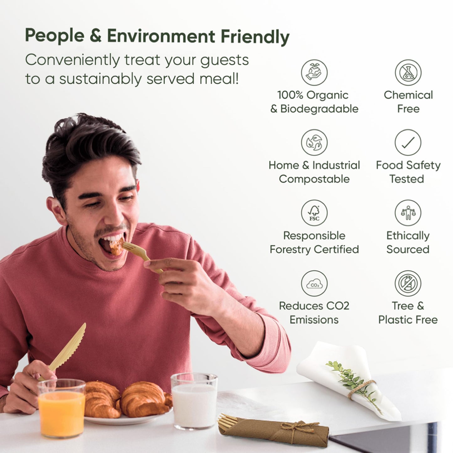 EcoPreps Premium Pre-Rolled Napkins Set and Bamboo Cutlery with Brown Napkins (30 Pieces, 120 Pieces) 100% Biodegradable, Eco-Friendly, Disposable Cutlery - Fork