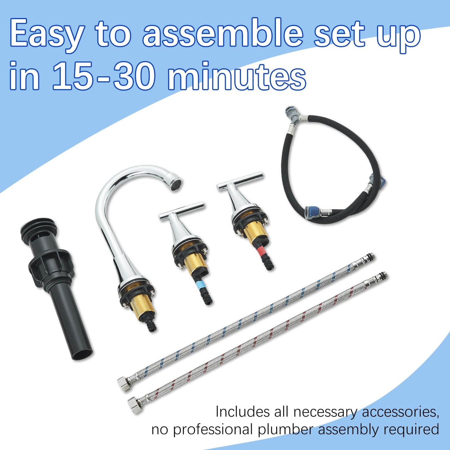 Alenart High Arc Chrome Bathroom Faucet 360° Swivel Spout 3 Hole Installation 2 Handle with Pop Up Drain and Water Supply Hoses, Stainless Steel for Bathroom Sink Vanity RV Farmhouse Sink