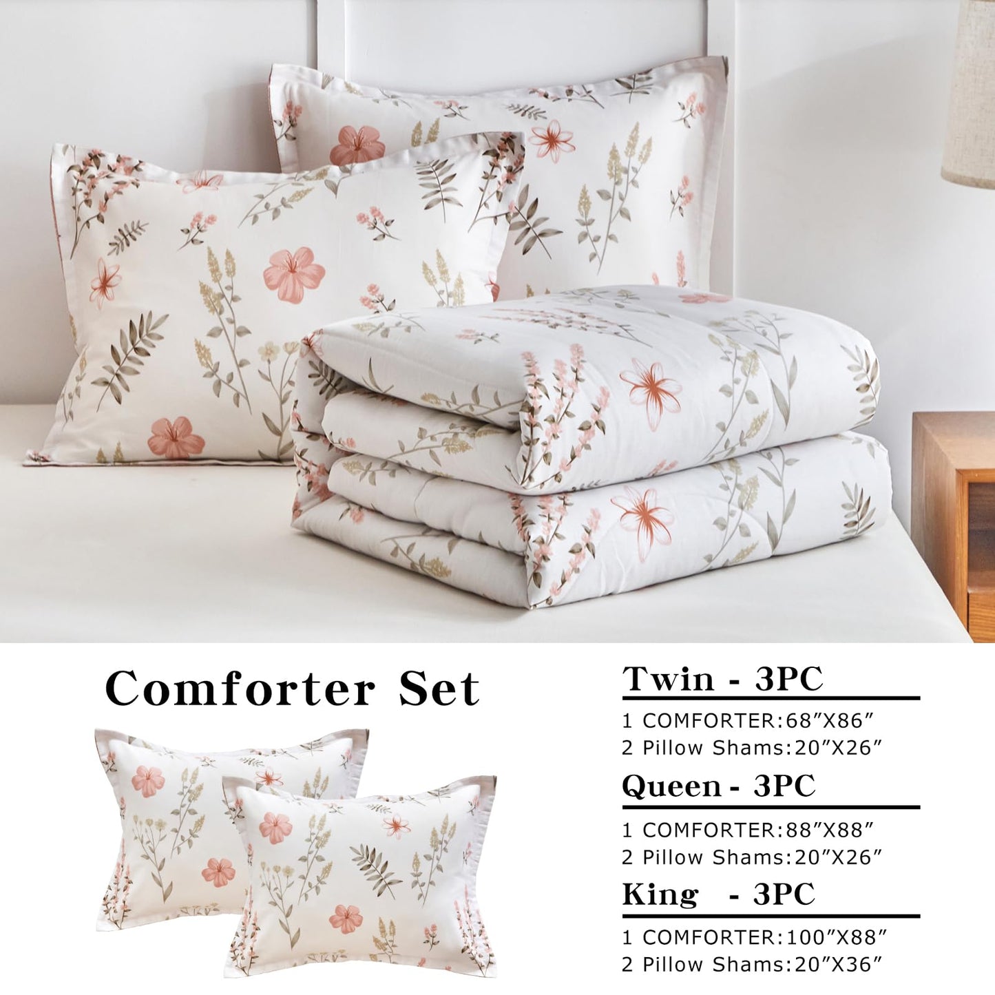 Joyreap 3pcs Floral Cotton Comforter Set for Girls, Pink Flowers n Leaves Botanical Design, Queen Size Soft n Cozy Bedding Comforter Set for All Season- 88x88 inches