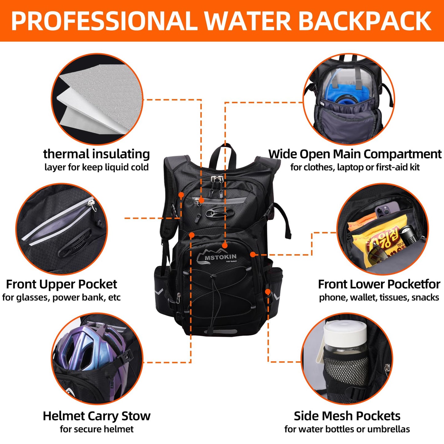 MSTOKIN Hydration Backpack Hydration Pack Hiking Backpack with Water Bladder for Kids Man Women Lightweight Water Backpack Hydration Bag Hiking Bag for Cycling Biking Climbing(Black)