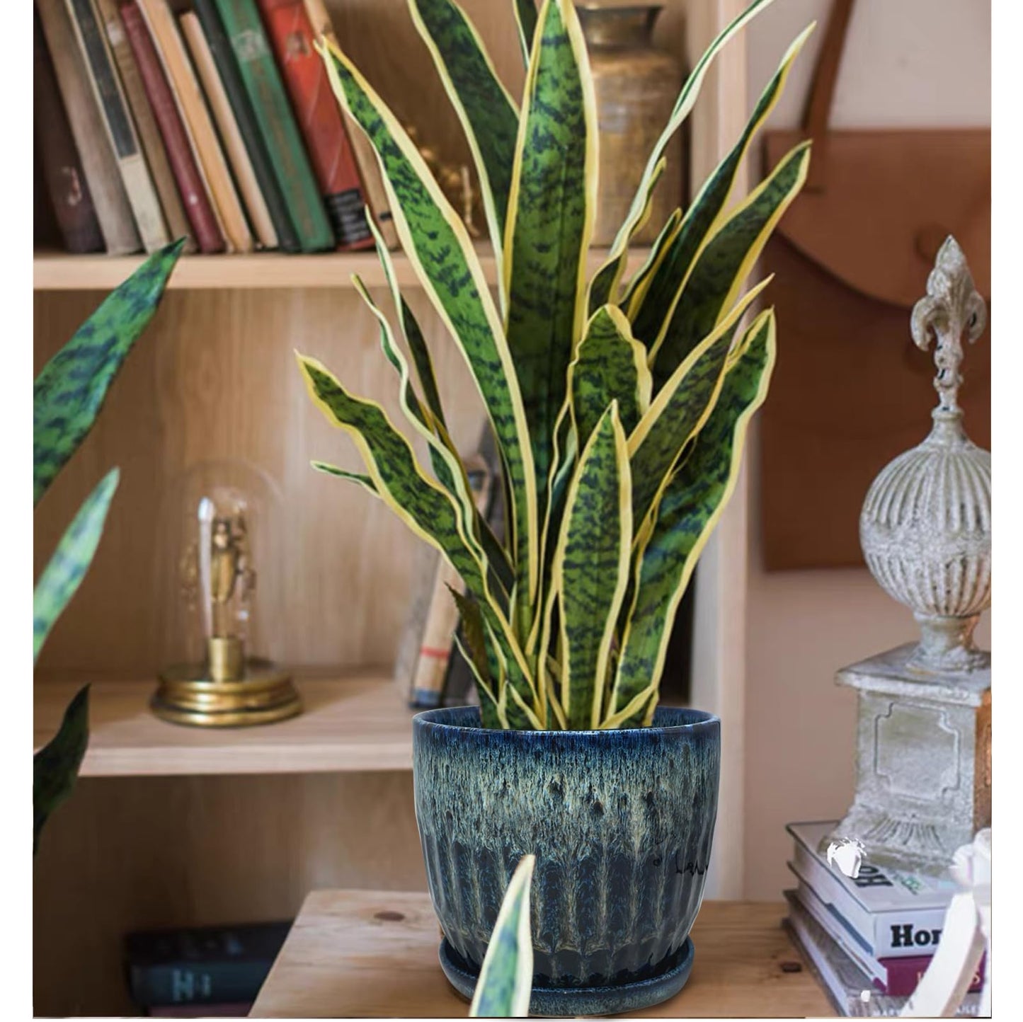 Chralji GIFTWARE Ceramic Pots for Plants, 6in Ceramic Planters for Indoor Plants, Flower Pots with Drainage and Saucer, Reactive Glaze Blue