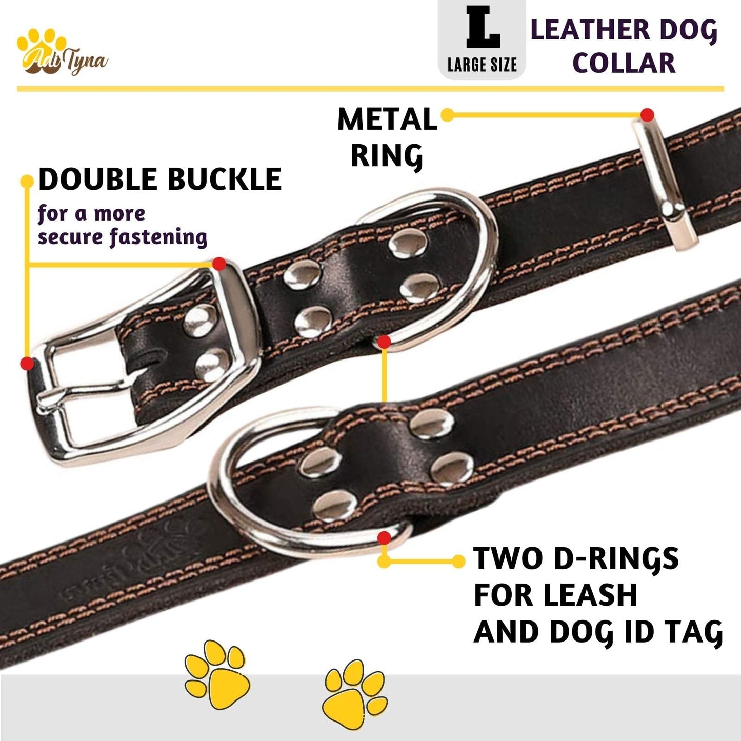 ADITYNA Heavy-Duty Leather Dog Collar for Large Dogs - Soft and Strong, 100% Genuine Leather (Large: Fit 17" - 23" Neck, Black)