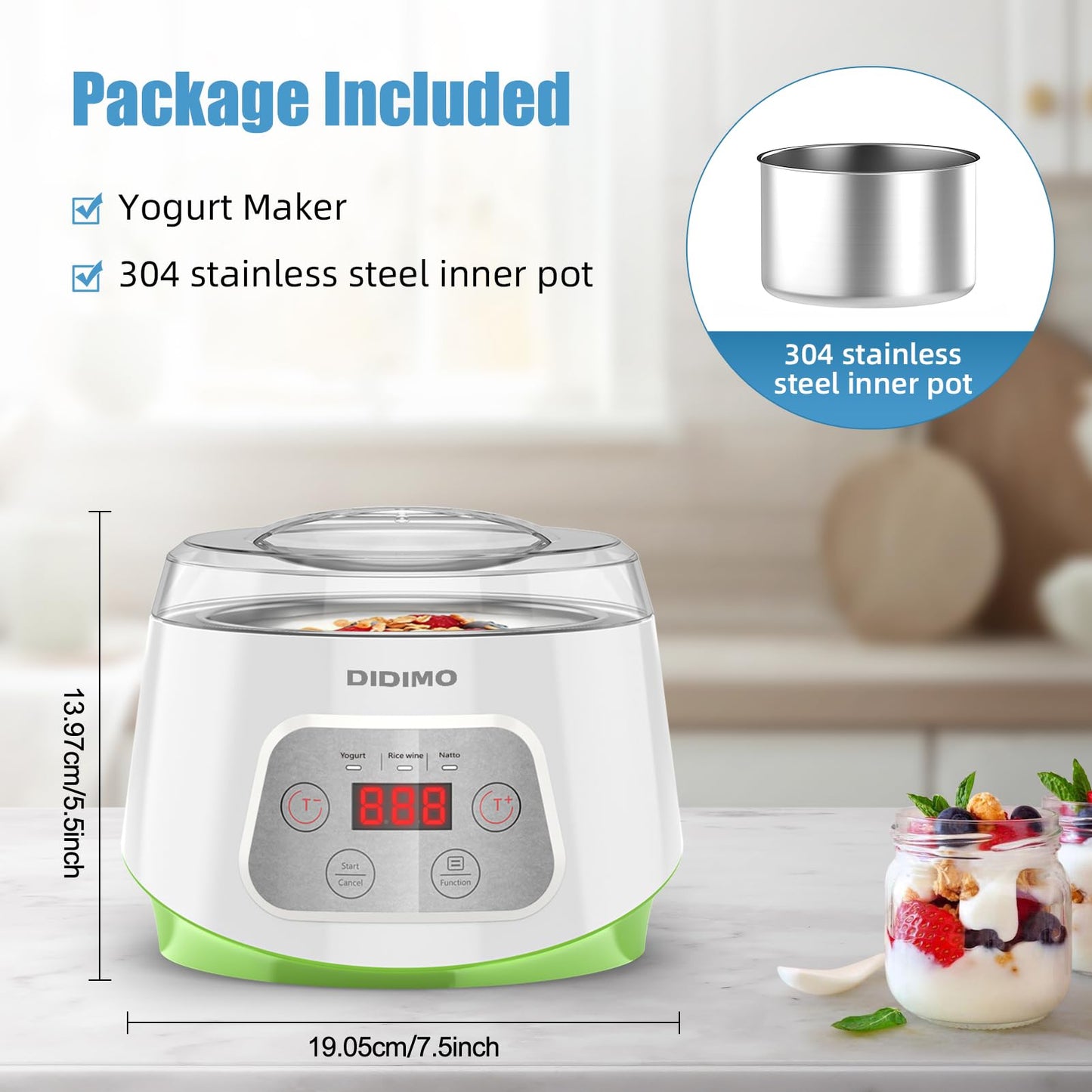 DiDimo Yogurt Maker, 1.3L Yogurt Maker Machine with Stainless Steel Bowl, Electric Greek Yogurt Machine for Natto, Rice Wine, Timer, Constant Temp, Homemade Yogurt Container for Home Kitchen