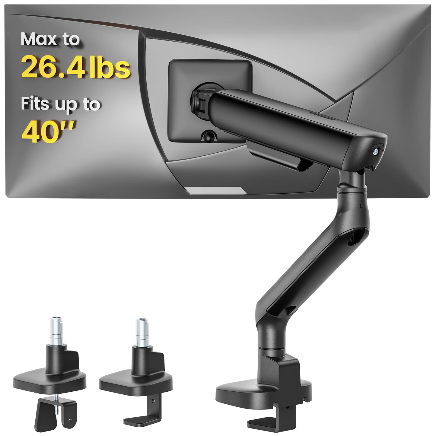 monTEK Single Monitor Arm, Mechanical Spring Monitor Arm for 17-40" Ultrawide Screens, Adjustable Monitor Desk Mount Holds up to 26.4 lbs with C Clamp/Grommet Desk Mount, VESA 75/100mm, MA1011BK