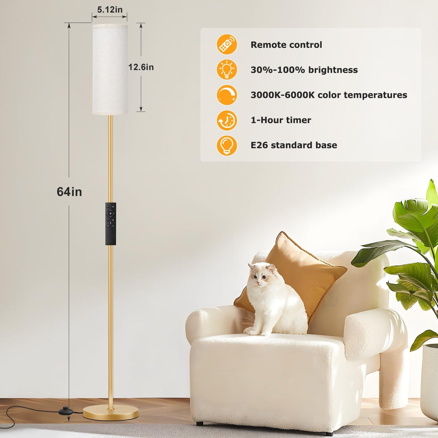 Ambimall Floor Lamp with Remote Control- Dimmable Standing Tall Lamp, Floor Lamps for Living Room, Bedrooms, Stepless Adjustable 3000K-6000K Colors, 10-100% Brightness, Foot Switch(Gold)