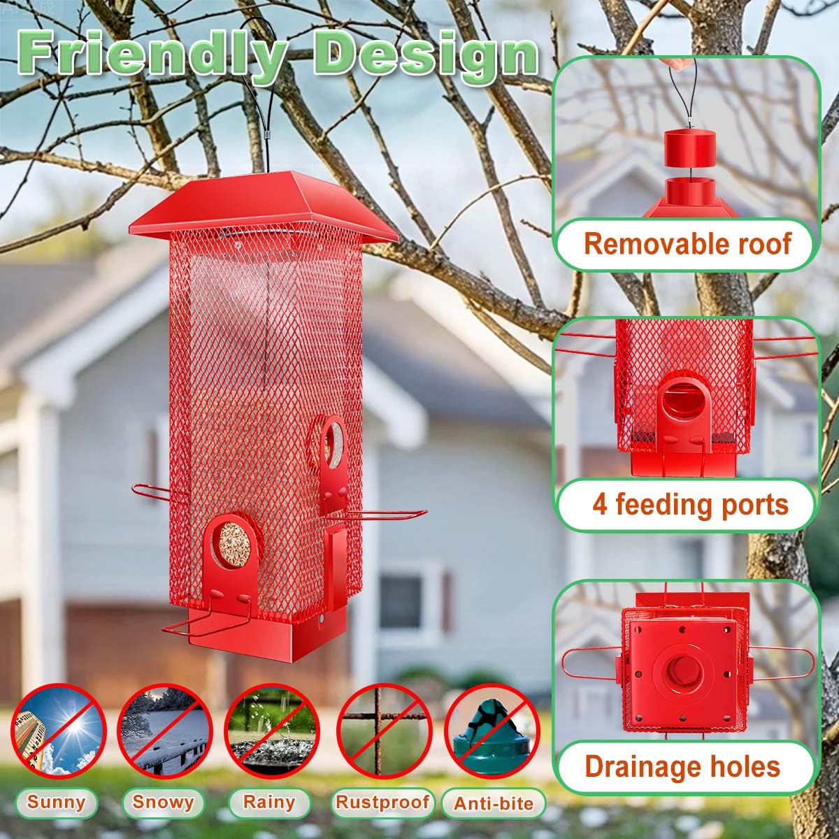 Squirrel Proof Bird Feeder,2.5Lbs Bird Feeders for Outdoors Hanging, Metal Birds Feeder with 4 Feeding Ports, Wild Birds Feeder for Cardinal, Finch, Sparrow (Red)