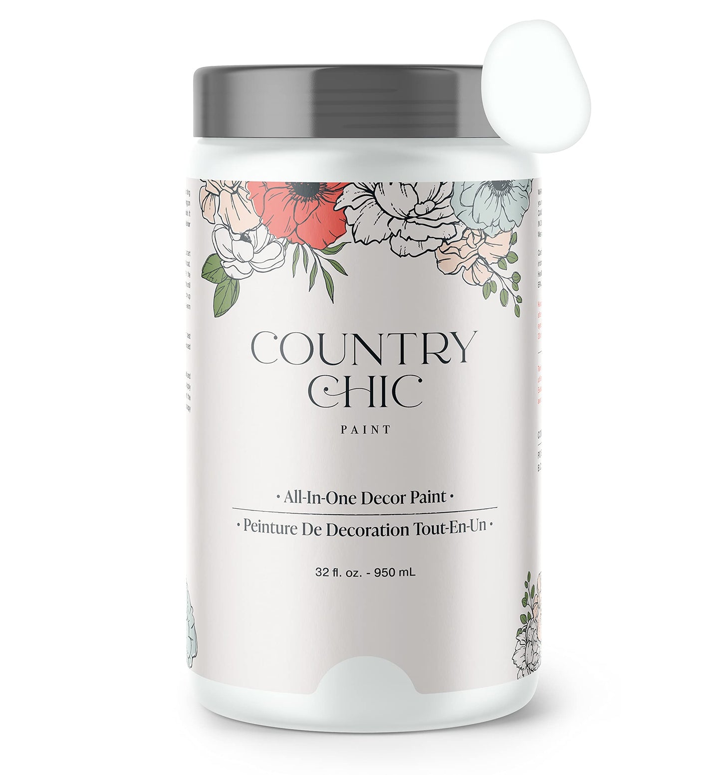 Country Chic All-in-One Chalk Paint for Furniture, Cabinets, Home Decor, Eco-Friendly, Matte Finish, Built-In Primer & Top Coat for Wood, Metal - Simplicity (White) - Quart 32 oz (950 ml)