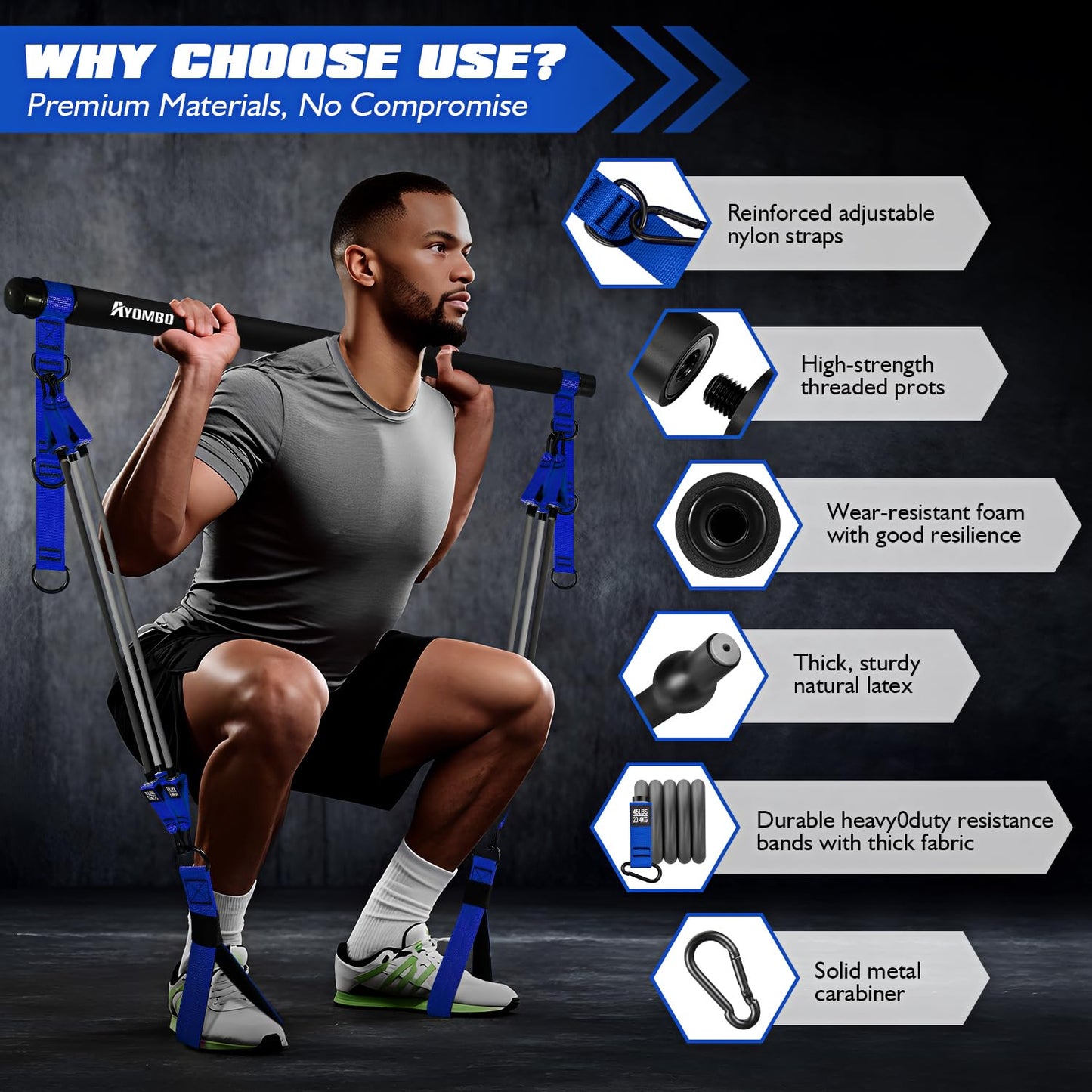 Ayombo Pilates Equipment, Heavy Duty Pilates Bar Kit with Resistance Bands, 270lbs Adjustable Portable Gym Home Workout Equipment for Men, for Legs, Waist, Arm, Abs, Chest Muscle Strength Training