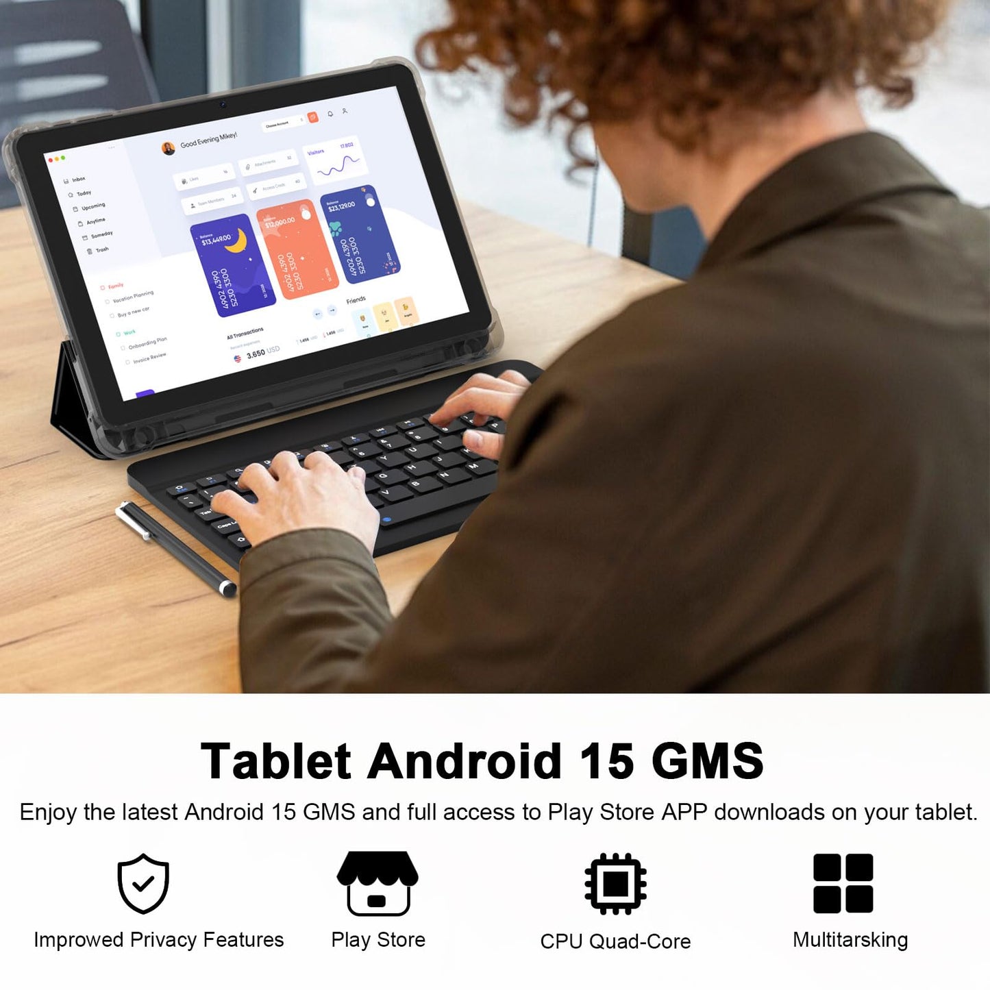 10 Inch Android 15 Tablet, Newest 18GB RAM+128GB ROM/2TB Expandable Tablets PC, 2 in 1 Tablets with Keyboard, Mouse, Case, Stylus, Quad-Core 2.0GHz CPU HD Screen, 5G WiFi 6 BT 5.0, 8MP Camera Tableta