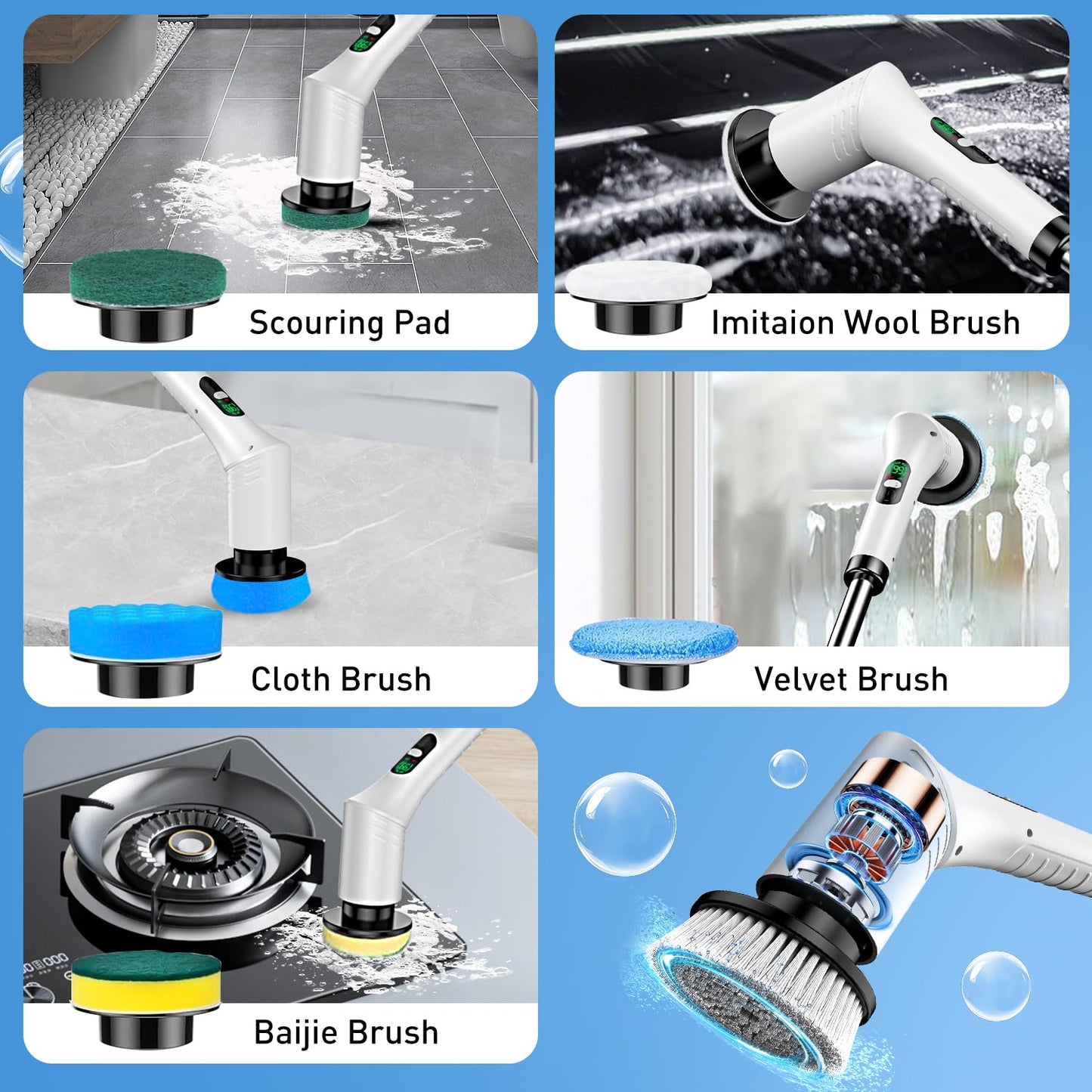 Electric Spin Scrubber, Cordless Cleaning Brush with Adjustable Extension Handle and 9 Replaceable Brush Heads, USB Rechargeable Electric Spin Scrubber for Bathroom
