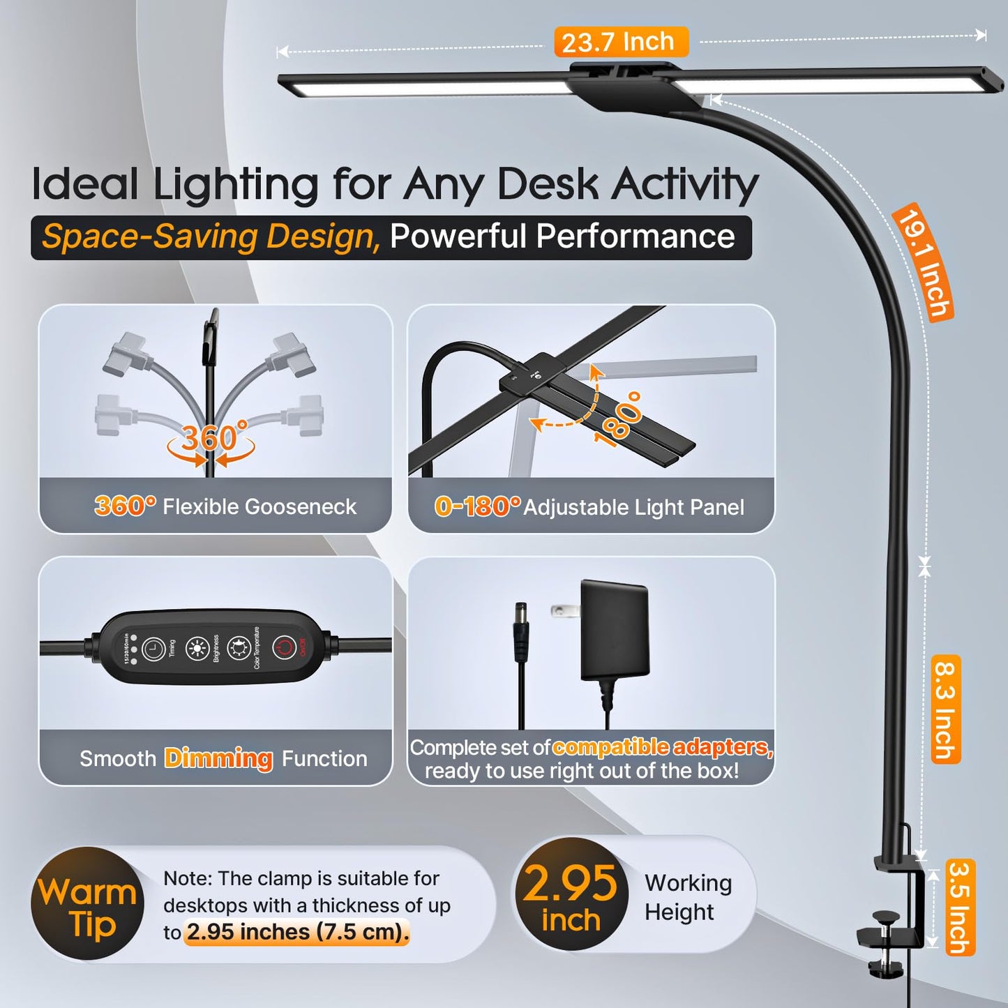 Syrinx LED Desk Lamp with Clamp,Dual Head Gooseneck Desk Lamps Home Office with Gesture Switch & Wired Control, 18W Bright Adjustable Desk Light Eye-Caring Office Desk Lamp for Crafting Reading