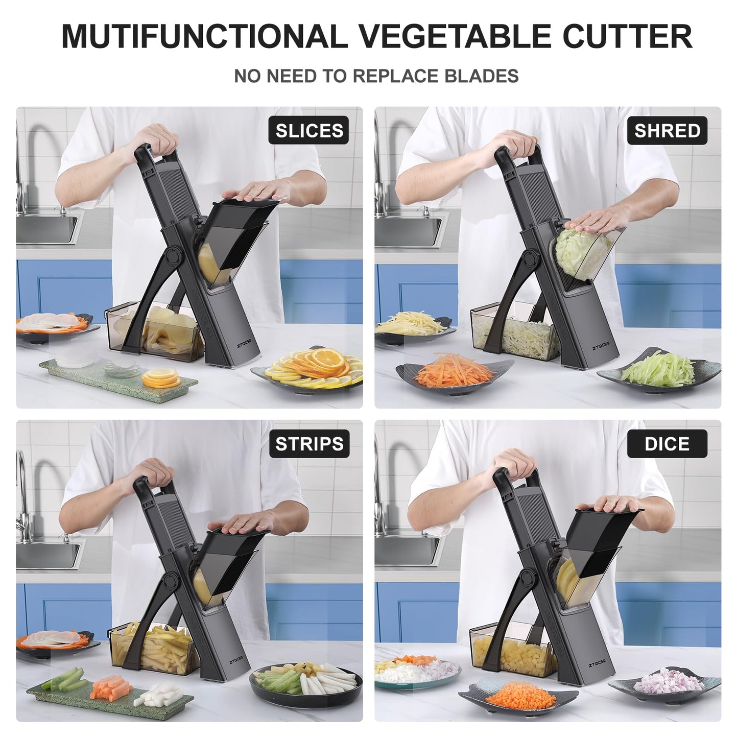 ZTQCSQ 2025 [All in 1] Upgraded Version Safe Mandoline Slicer for Kitchen, Adjustable Thickness. Veggie Slicer, Rapid Prep Mandoline, Detachable Blade, Cleaning Brush/Paring Knife (Black Knight)
