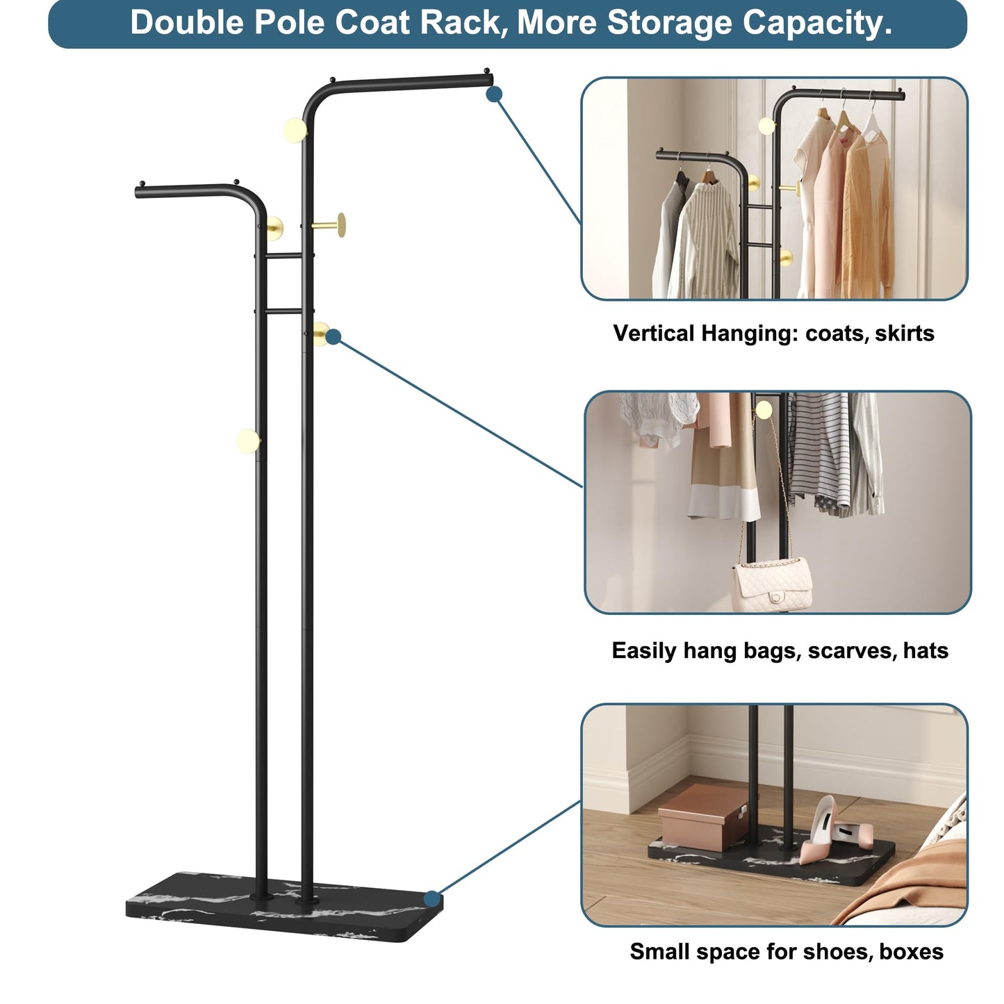 HOMEFORT Double-pole Coat Rack, Freestanding Metal Coat Racks, Clothes Hat Stand with 5 Hooks for Closet, Bedroom, Entryway, Living Room, Black