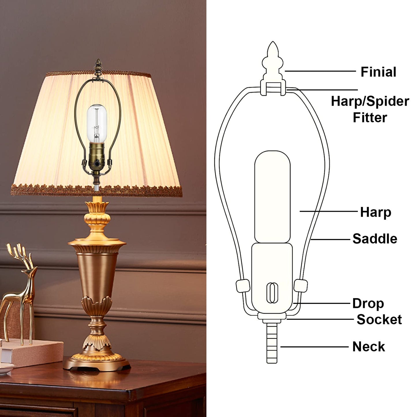 WEAVERBIRD Lamp Light Kit, Antique Brass Finish Table Lamp Wiring Kit with 8 Inch Harp, 3-Way Socket 2 Pieces 12" Lamp Pipe, Make-A-Lamp Kit Complete Lamp Kit for DIY Lamp Design or Repair