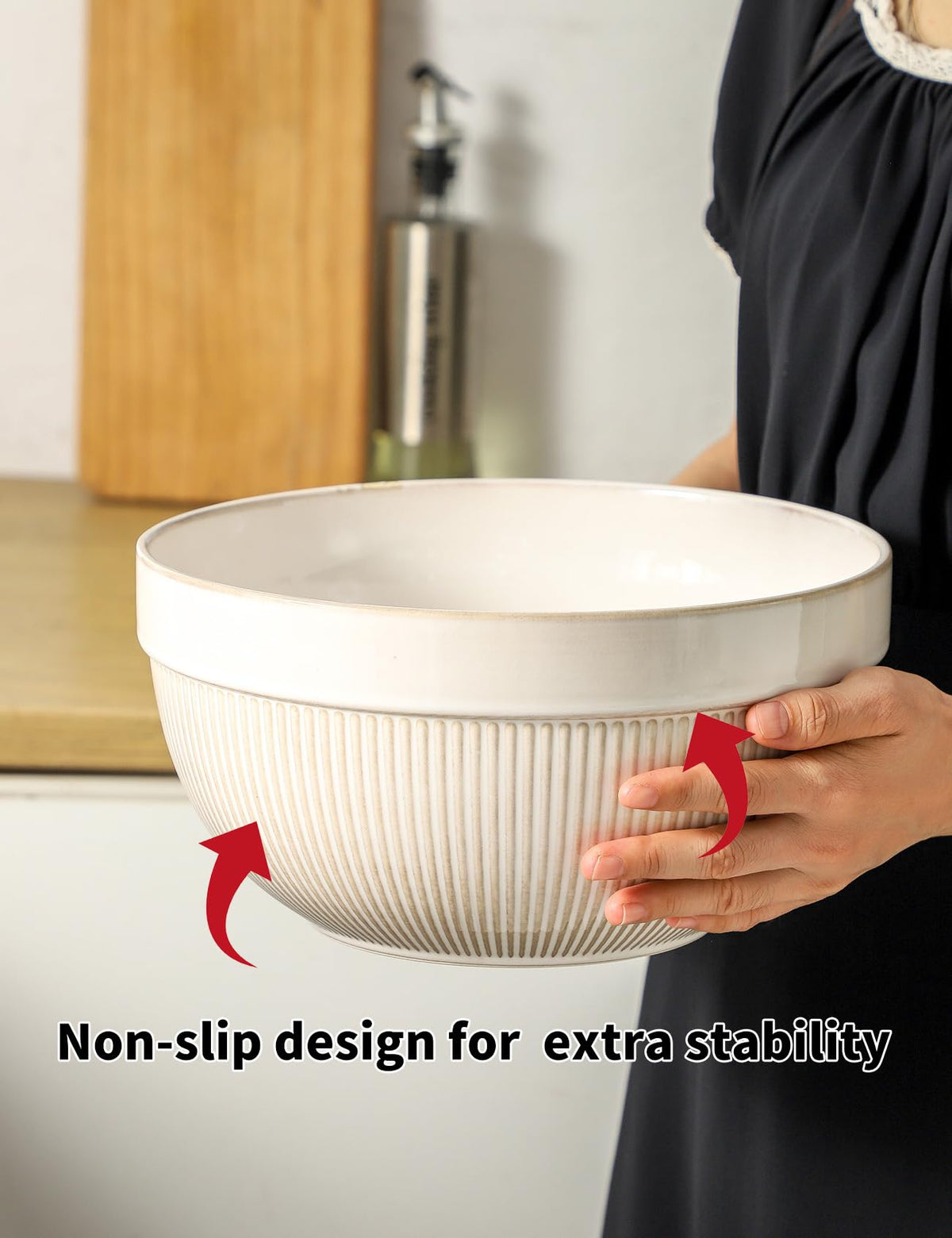 Large Ceramic Mixing Bowls, Glazed White Kitchen Bowl (10"/8"/6"), Set of 3 Nesting Bowls for Baking, Cooking, Serving, Prepping, Dough Kneading, Microwave and Dishwasher Safe