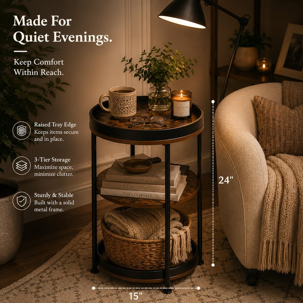 Dulcii Industrial Round End Table, 3 Tiers Round Side Table with Sturdy Metal Frame, Metal Round Sofa Table, Vintage Nightstand for Living Room Bedroom, Easy Assembly