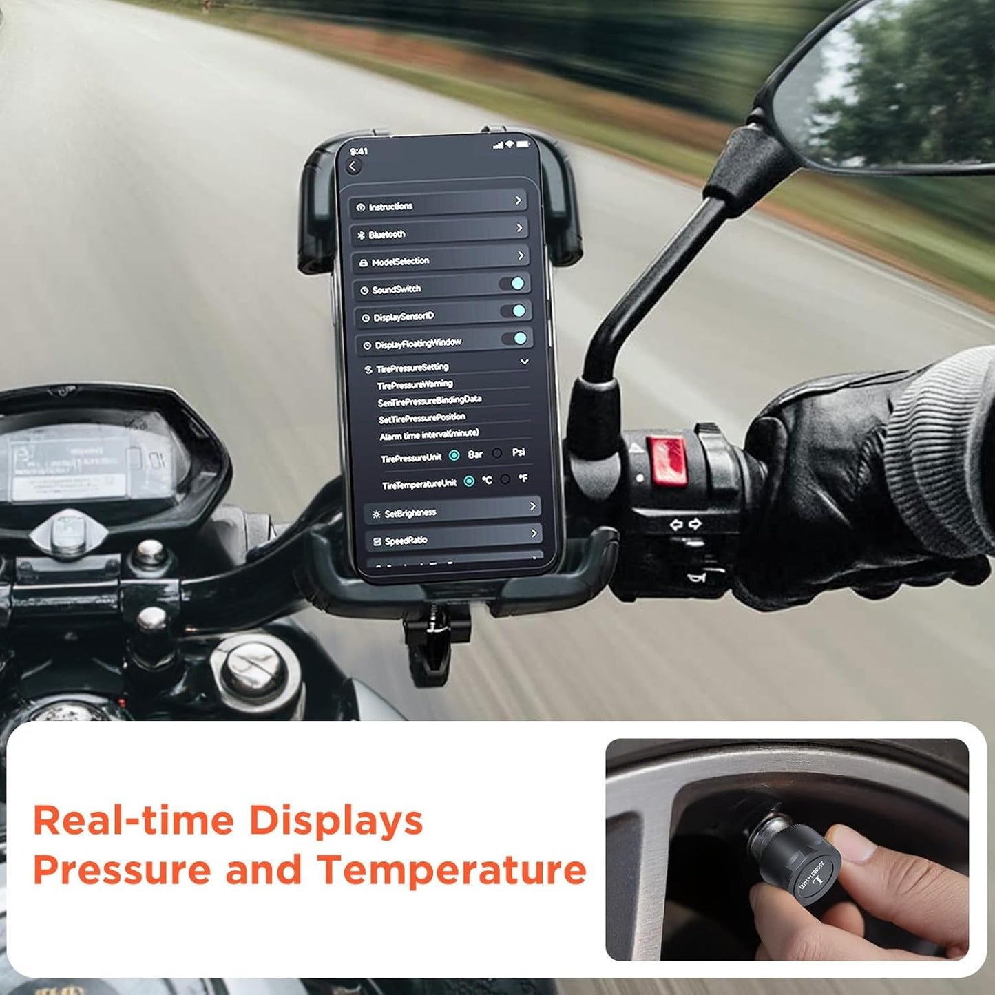 OBEST Motorcycle Tire Pressure Monitoring System, Tire Pressure and Temperature Alarm, Motorcycle TPMS with 2 External Sensors, Support iOS and Android