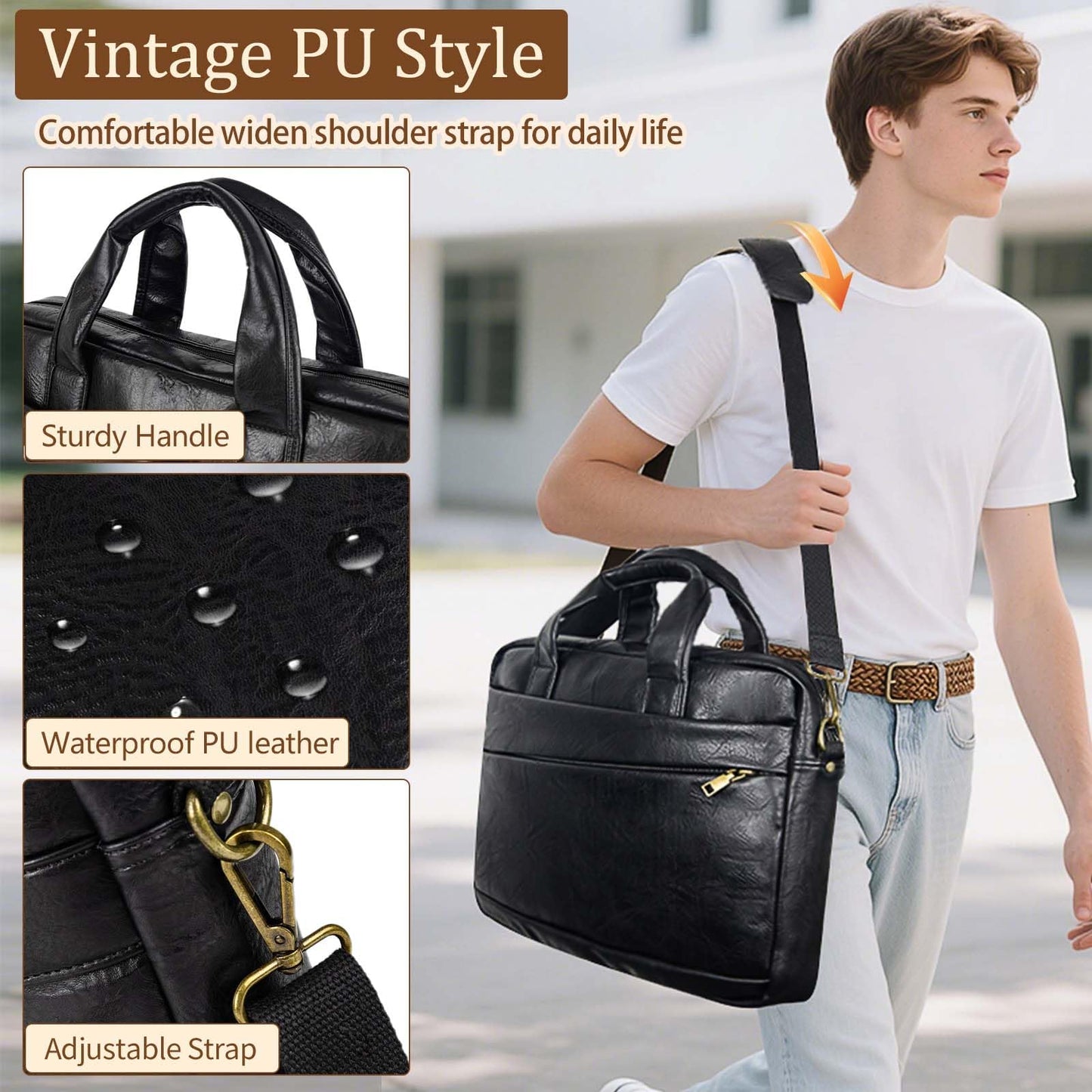 Faux Leather Messenger Bag for Men 17-17.3 Inch: Laptop Bag Briefcase Computer Handbags Shoulder Crossbody Bag with Padded Laptop Sleeve for Work College, PU Black