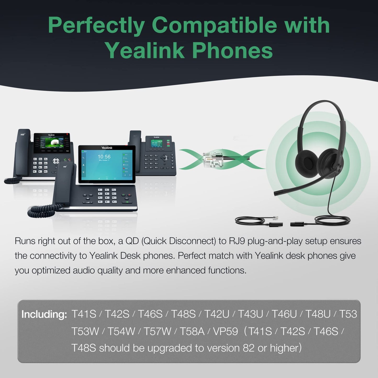 Yealink Phone Headsets for Office Phones YHS34 Lite QD to RJ9 Wired Headset Compatible with Poly Avaya Snom Grandstream Phones Desk Landline Headset with Microphone -Dual/111g/2.1m Cable