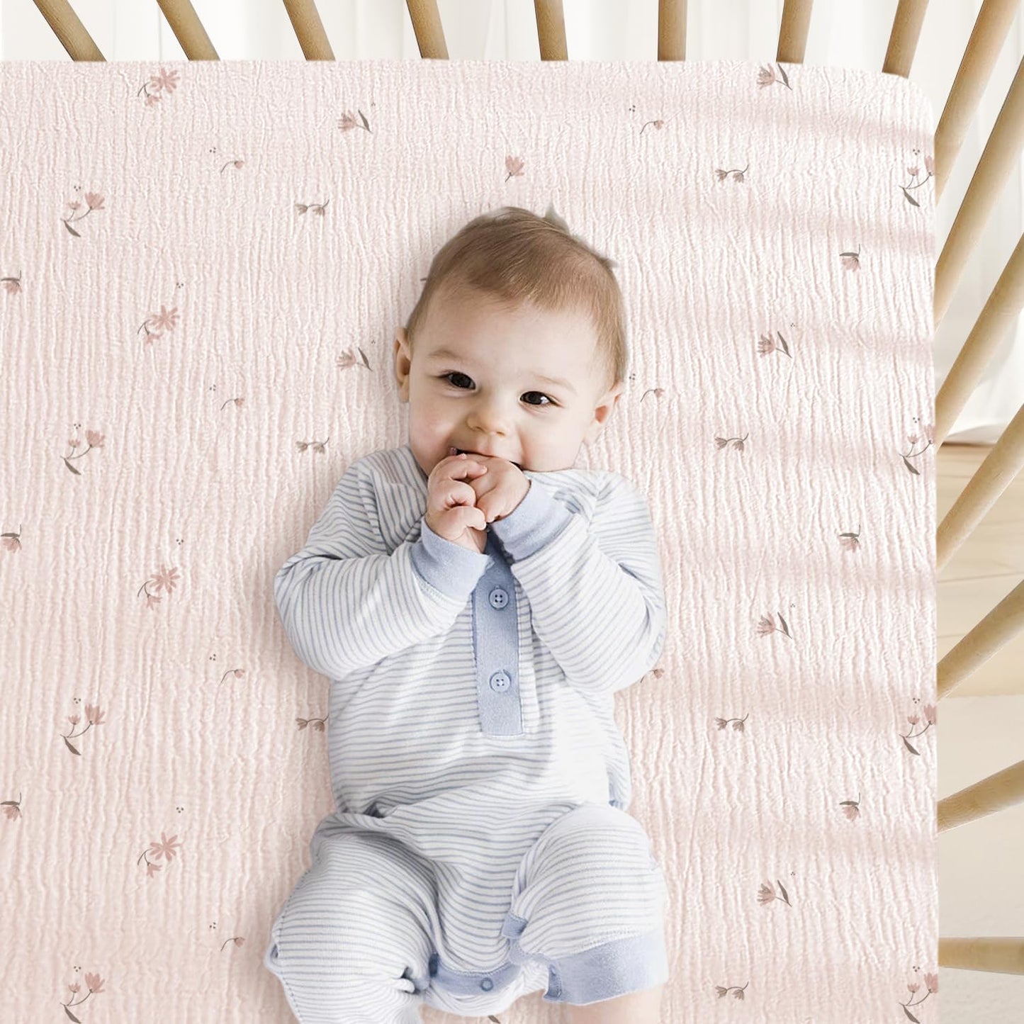 Little Grape Land Muslin Crib Sheets, 100% Cotton Sheets 2 Pack for Standard Crib and Toddler Bed Mattress, 52"x28" Soft Breathable Neutral Crib Sheets Fitted for Boys Girls(Fog Flower)