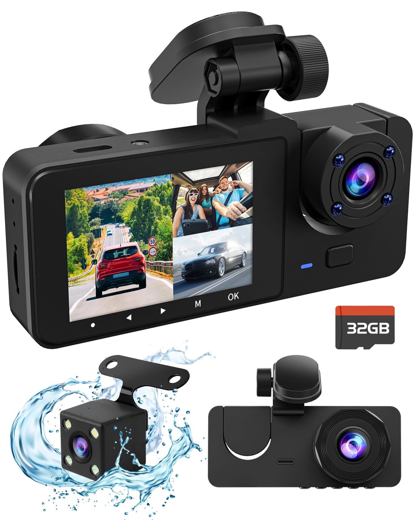 3 Channel Dash Cam,4K+1080P Dash Cam Front and Rear Inside, Dash Camera for Cars, Triple Car Camera with 32GB Card,Built-in G-Sensor, 2’’ IPS Display Car Camera,24Hr Parking,Loop Recording