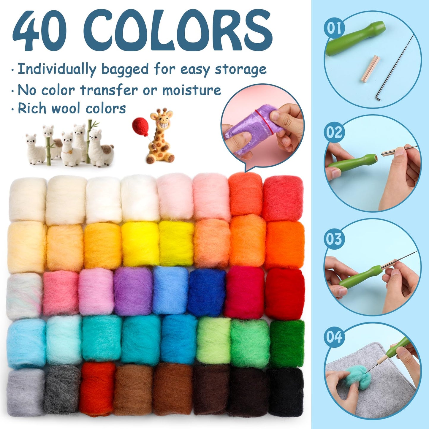 Needle Wool Felting Starter Kit with Exquisite Green Storage Bag, Wool Roving 40 Colors Set, Tools for Felted Animal Needle Felting Supplies