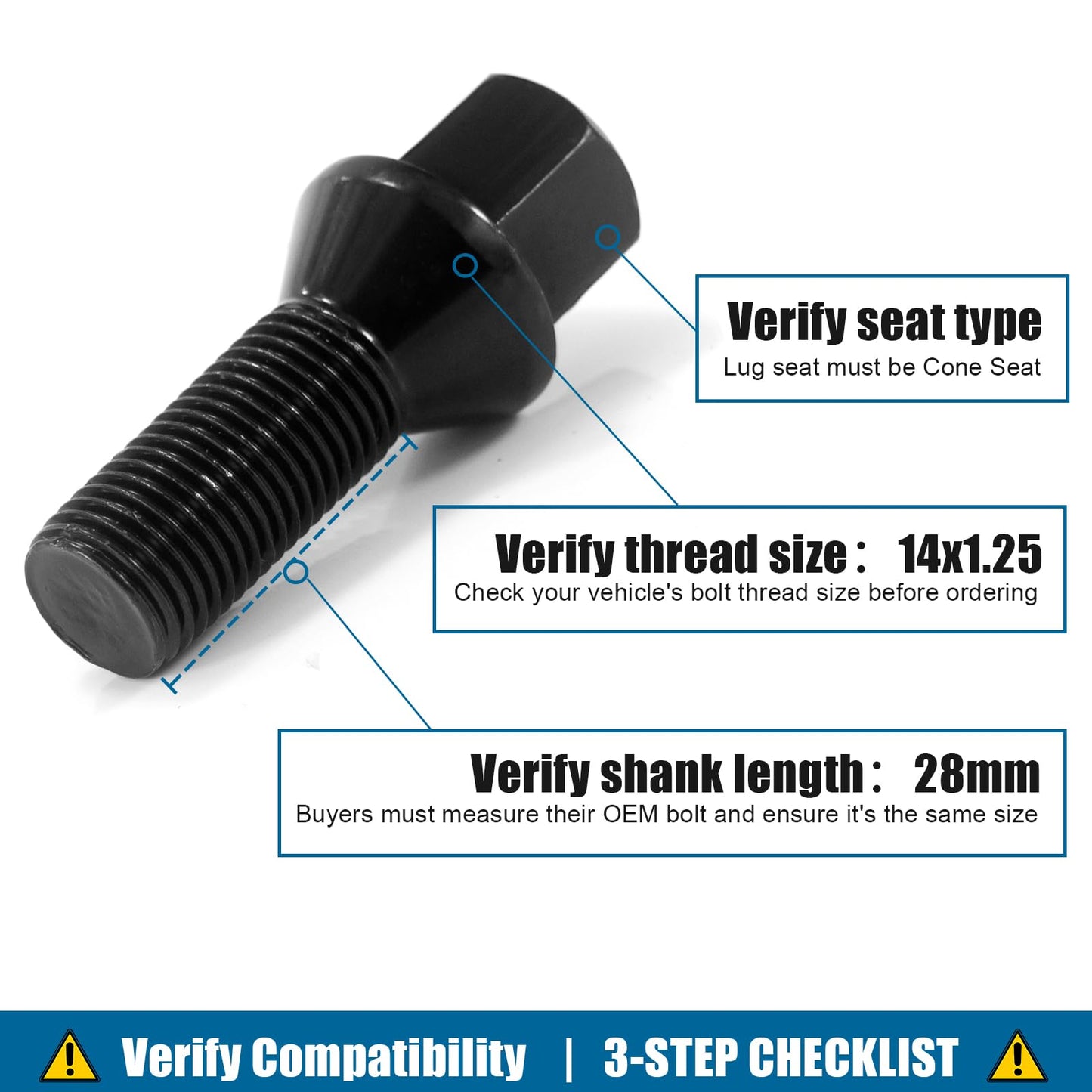 JiiinMiiin 14x1.25 Lug Bolts Conical Seat with 17mm Hex, 28mm Shank Length, M14x1.25 Thread, Black 20 Pack