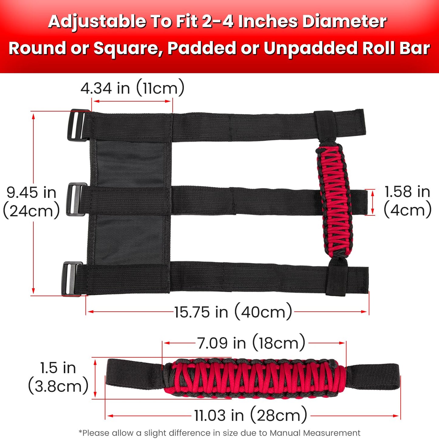 4 x Roll Bar Grab Handles Grip Handle for Jeep Wrangler JK JKU JL JLU TJ YJ Sports Sahara Freedom Rubicon Unlimited Gladiator JT 1955-2023 UTV ATV Premium 550 Paracord Interior Accessories (Red)