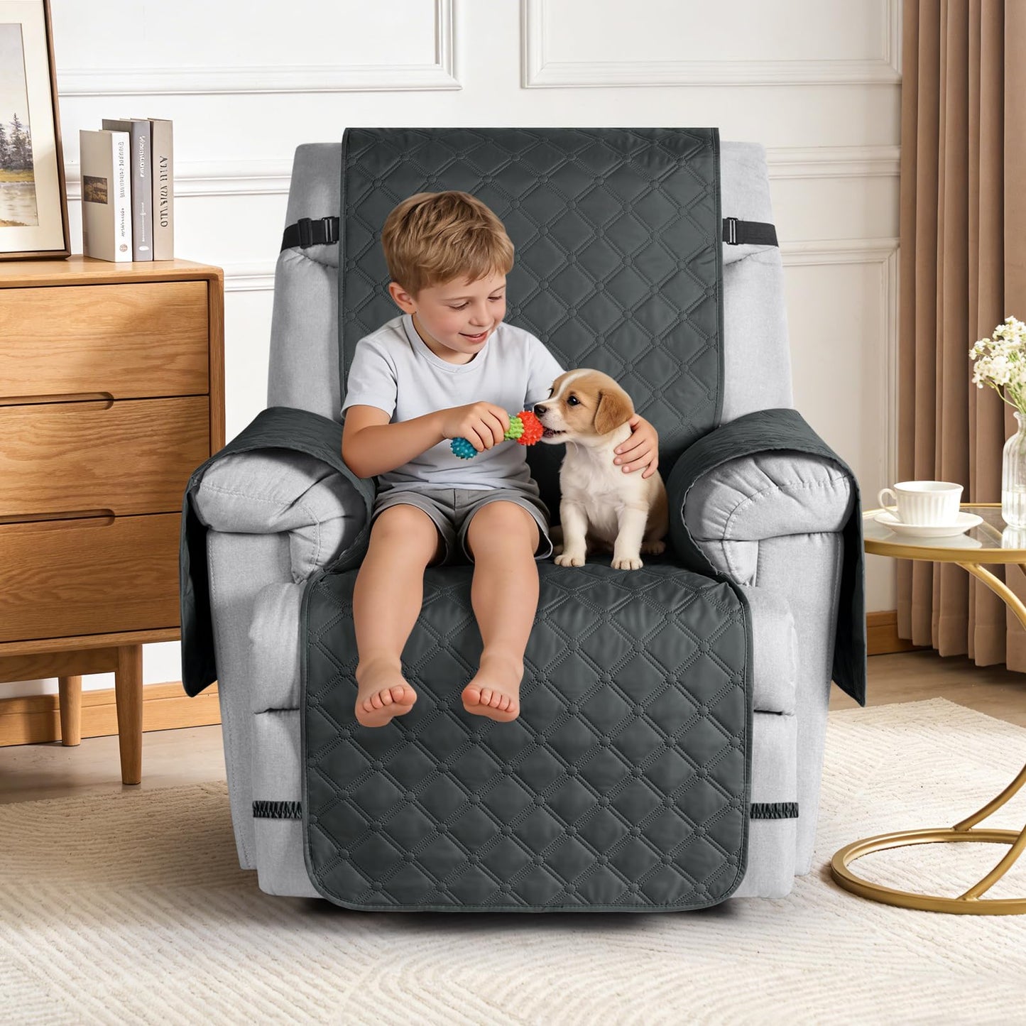 TAOCOCO 100% Waterproof Recliner Chair Covers, Recliner Sofa Covers with Leg Straps, Reversible Reclining Couch Cover for Recliner, Washable Couch Protector for Pets Kids(1 Seat 22", Dark Gray)
