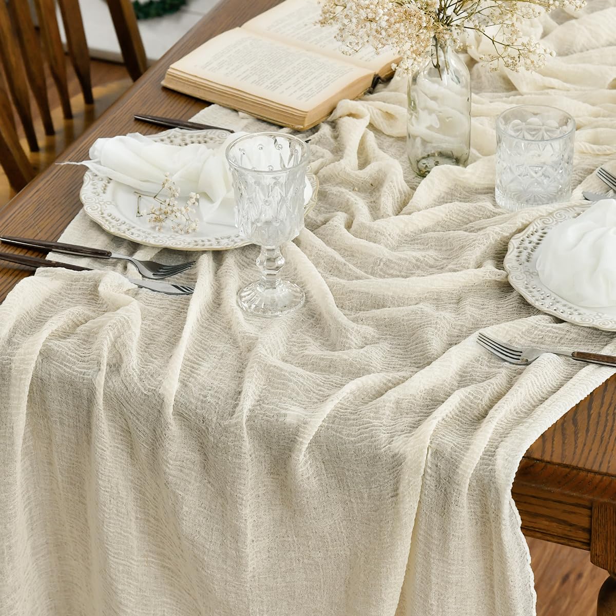 Artoid Mode Boho Cheesecloth Gauze Beige 10Pcs Wedding Table Runner, 300 cm Seasonal Fabric Kitchen Dining Holiday Table Decor for Home Party Indoor