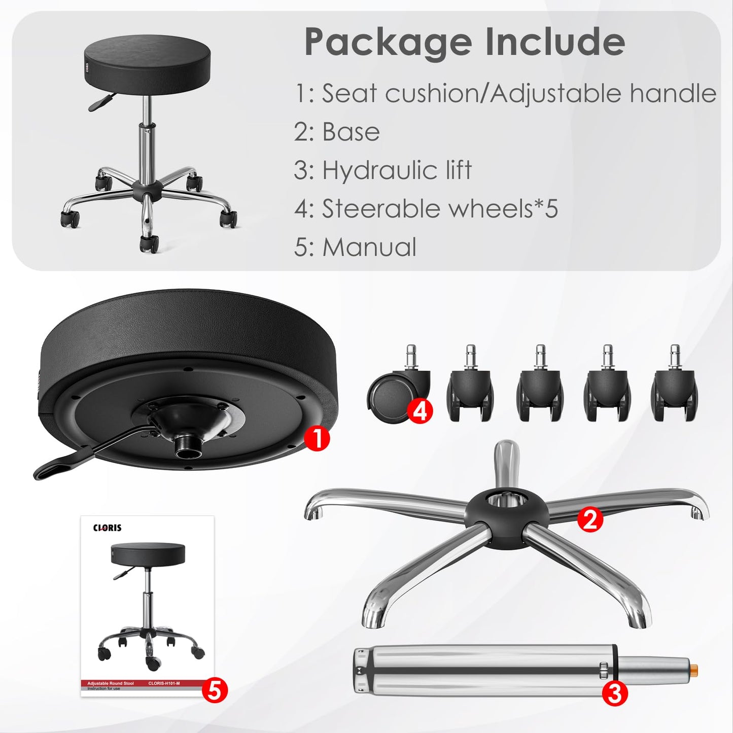 CLORIS Round Rolling Stool Hold up to 440 LBS Height Adjustable Swivel Chair Metal Feet with Wheels for Spa, Massage, Salon, Home, Office, Medical, Tatoo, Bar Black