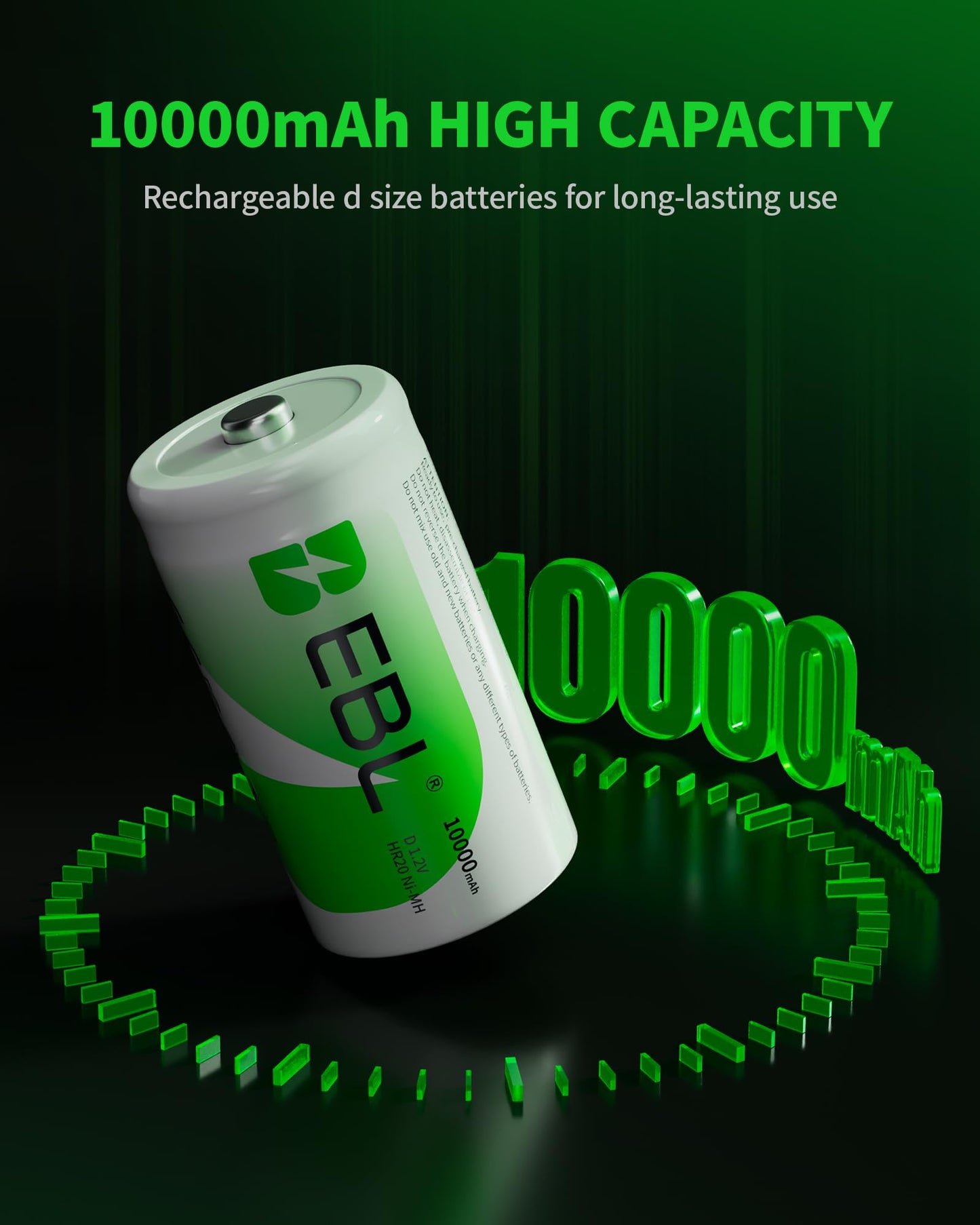 EBL D Rechargeable Batteries, 1.2V NiMH D Battery, 1500 Cycle Life, 10000mAh High Capacity, Included Battery Case (Pack of 4)