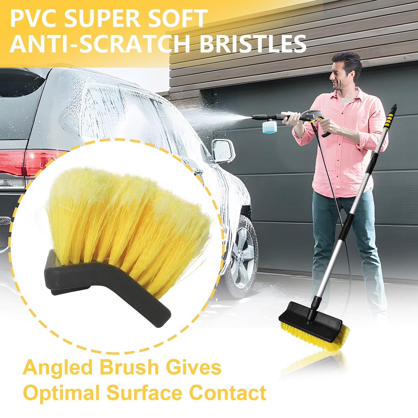 Car Wash Brush with 65'' Long Handle, Soft Bristle Car Washing Brush with Detachable Handle and Hose Attachment for RV, Boat, Car, House Siding, Floors