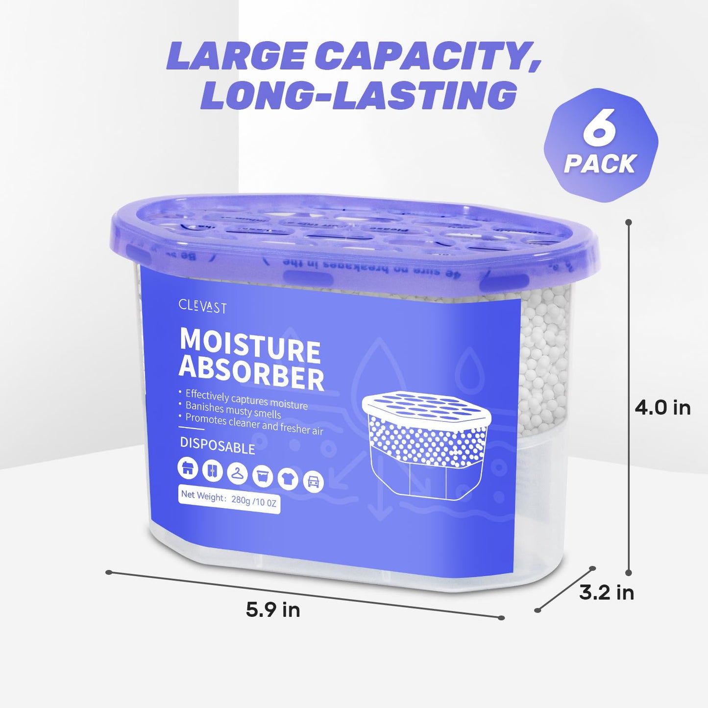 CLEVAST Moisture Absorbers Boxes, Dehumidifier for Closet, Unscented Hanging Humidity Absorber in Wardrobes, Bedrooms, Bathrooms, RV, 6 * 280g