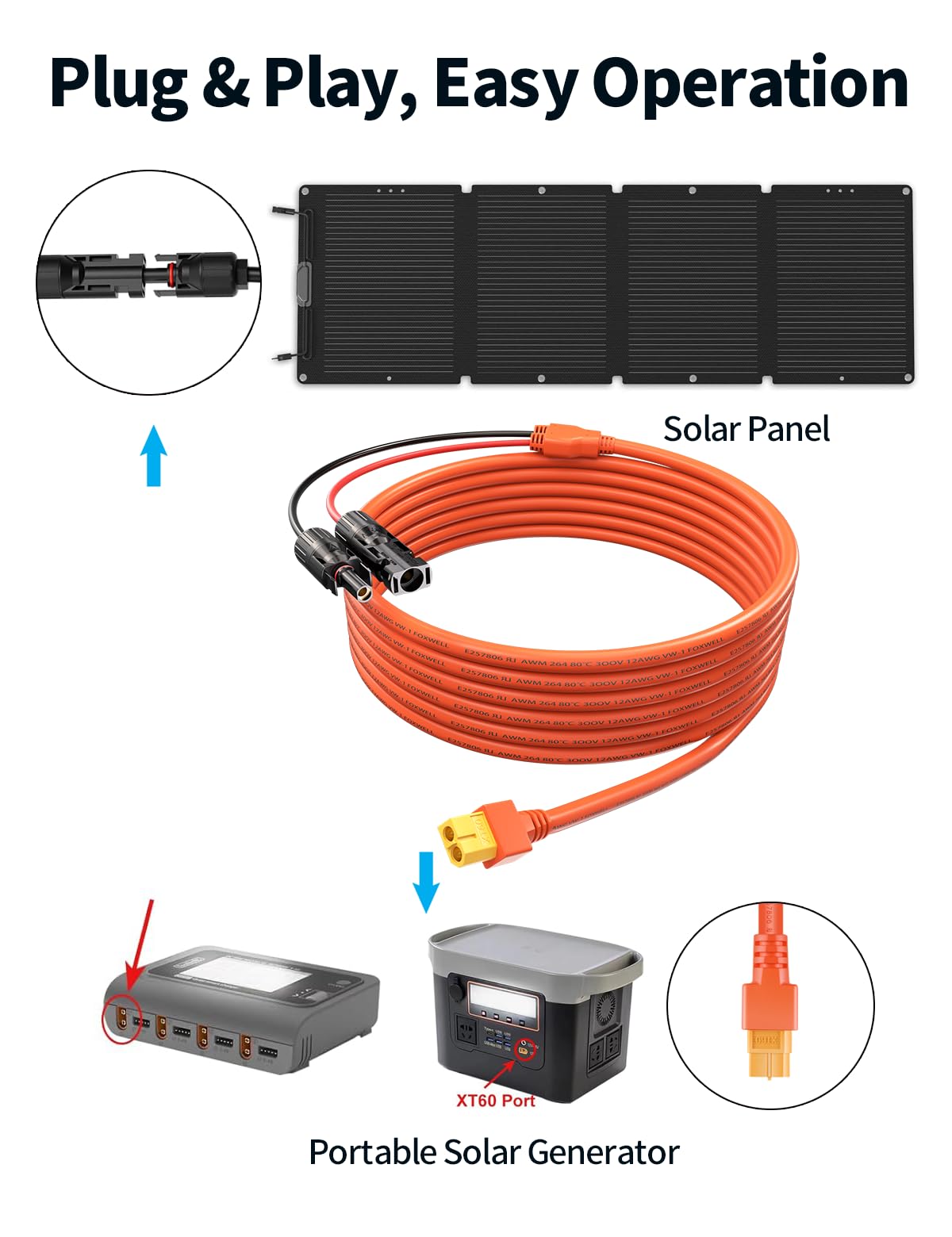 Tonton Solar Panel Connector to XT60 Adapter Extension Cable, 12AWG 16.5ft, for Solar Panel to Portable Power Station, Solar Generator, RV, and EF ECOFLOW RIVER & DELTA Series Portable Power Stations