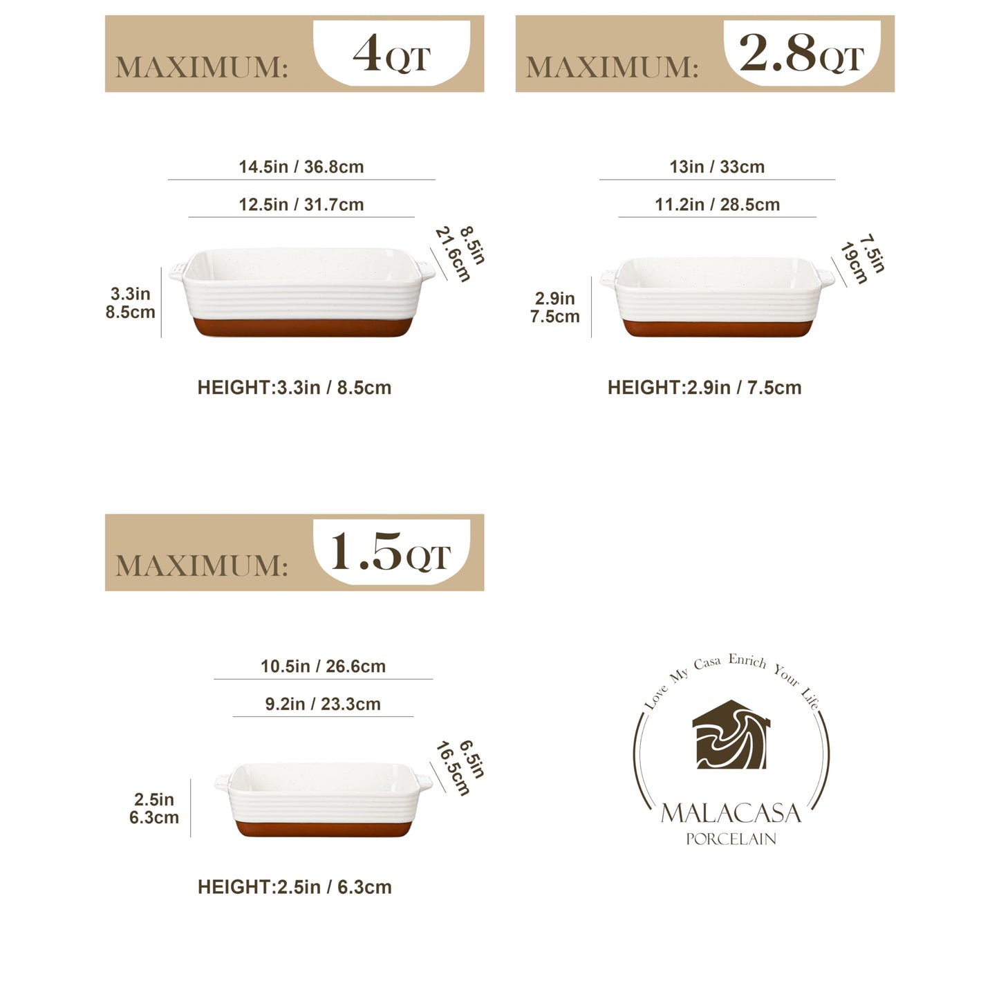 MALACASA Casserole Dishes for Oven, Ceramic Baking Dishes Set of 3, 1.45/2.7/3.8L Rectangular Baking Pan Set, Deep Lasagna Pan with Handles, Khaki White (14.5"/13"/10.5"), Series TARA