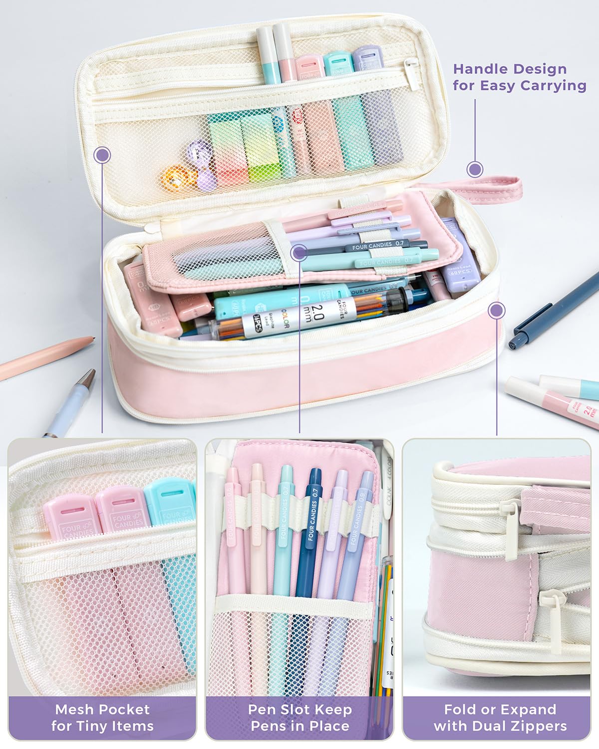 Four Candies 36PCS Aesthetic School Supplies with Pencil Case, Mechanical Pencils 0.5mm, 0.7mm, 0.9mm & 2.0mm with 624PCS Lead Refills, Cute Mechanical Pencils for Writing, Drawing & Drafting (Pink)