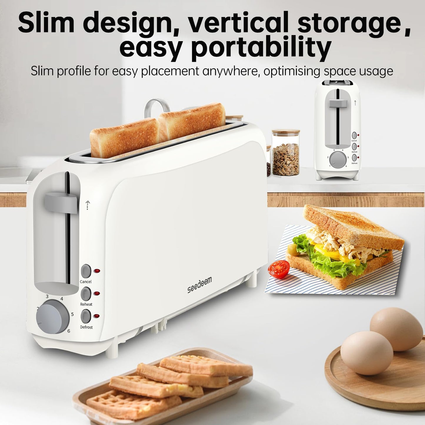 SEEDEEM 2 Slice Slim Toaster, Single 10" Long Slot Toaster Fits Bagels & Artisan Bread, 6 Shade Settings, Cancel/Reheat/Defrost, Removable Crumb Tray, Auto Shut-Off, White