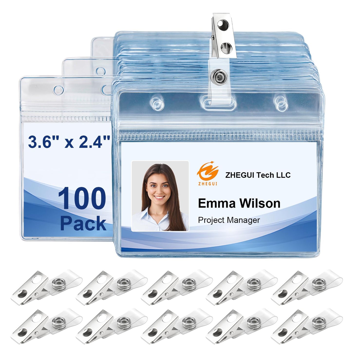 Clear Plastic Horizontal Badge Holders and Metal Badge Clips with Vinyl Straps Waterproof Name Tag PVC ID Card Holder by ZHEGUI (100 Pack, Horizontal 3.6x2.4)