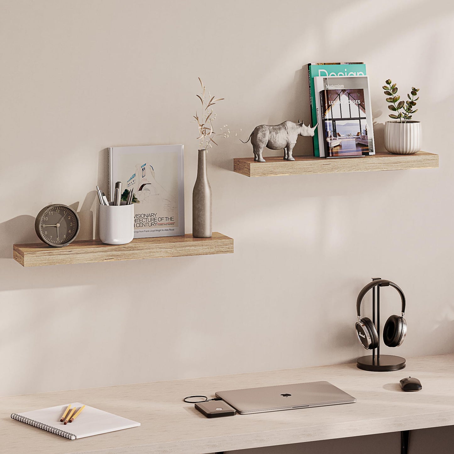 Ballucci Floating Shelves Extra Wide, 2-Pack 24" Wood Wall Mount Shelf Set with Invisible Brackets for Living Room, Bathroom, Kitchen, Nursery, 8" Deep, Oak Finish