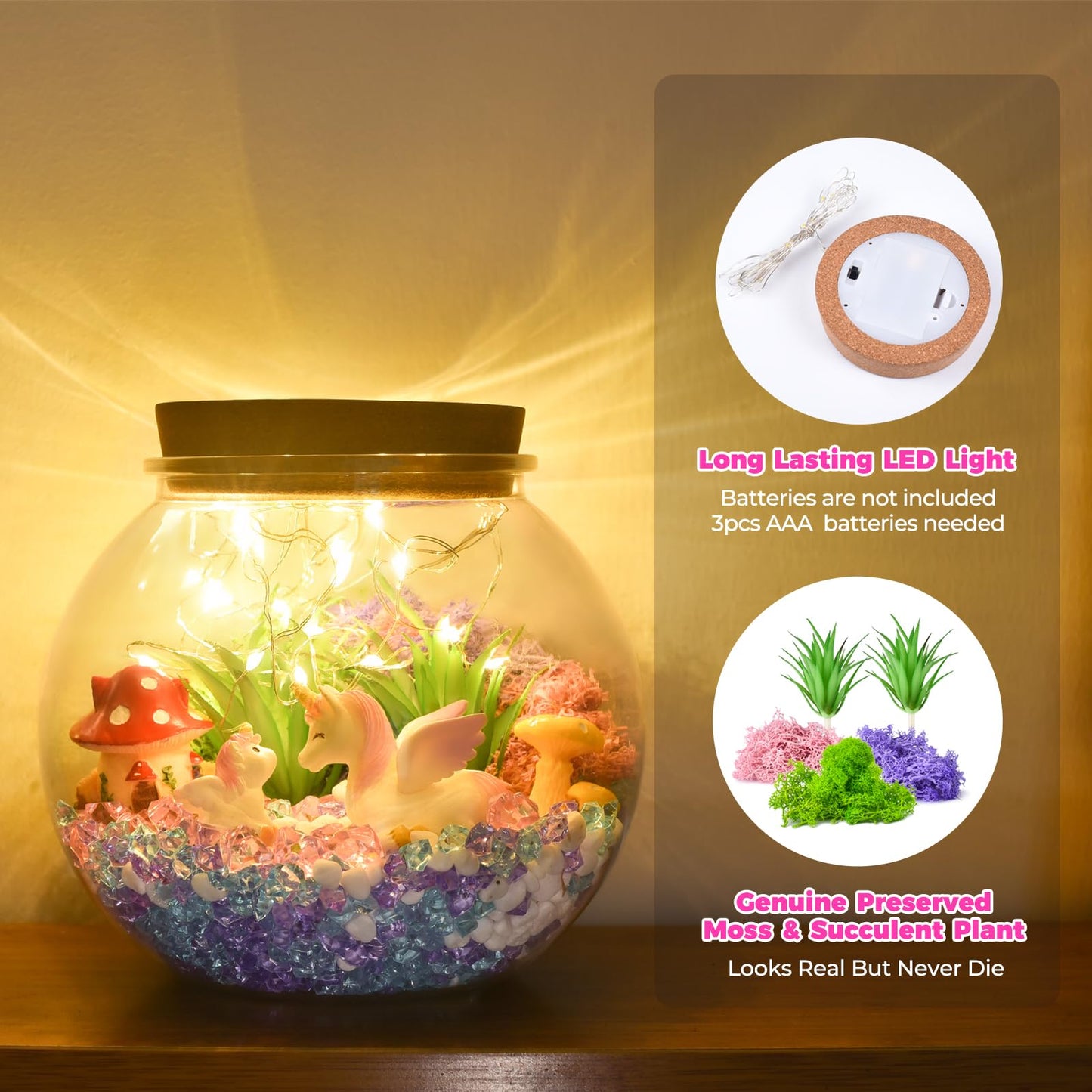 KASU Unicorn Gifts for Girls - DIY Light Up Terrarium Kit - Kids Craft Toy - Birthday Gift for 5-12 Year Old Girls