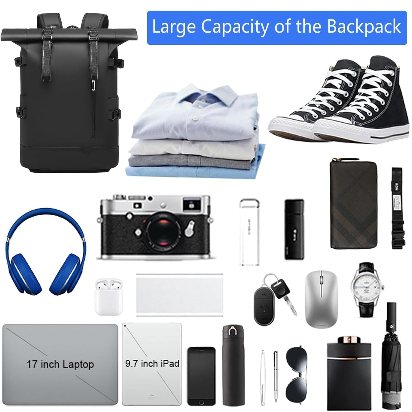 Travel Roll Top Backpack with Shoe Compartment, 17 inch Laptop Compatible, for Business, Hiking, Mountaineering, Large Capacity