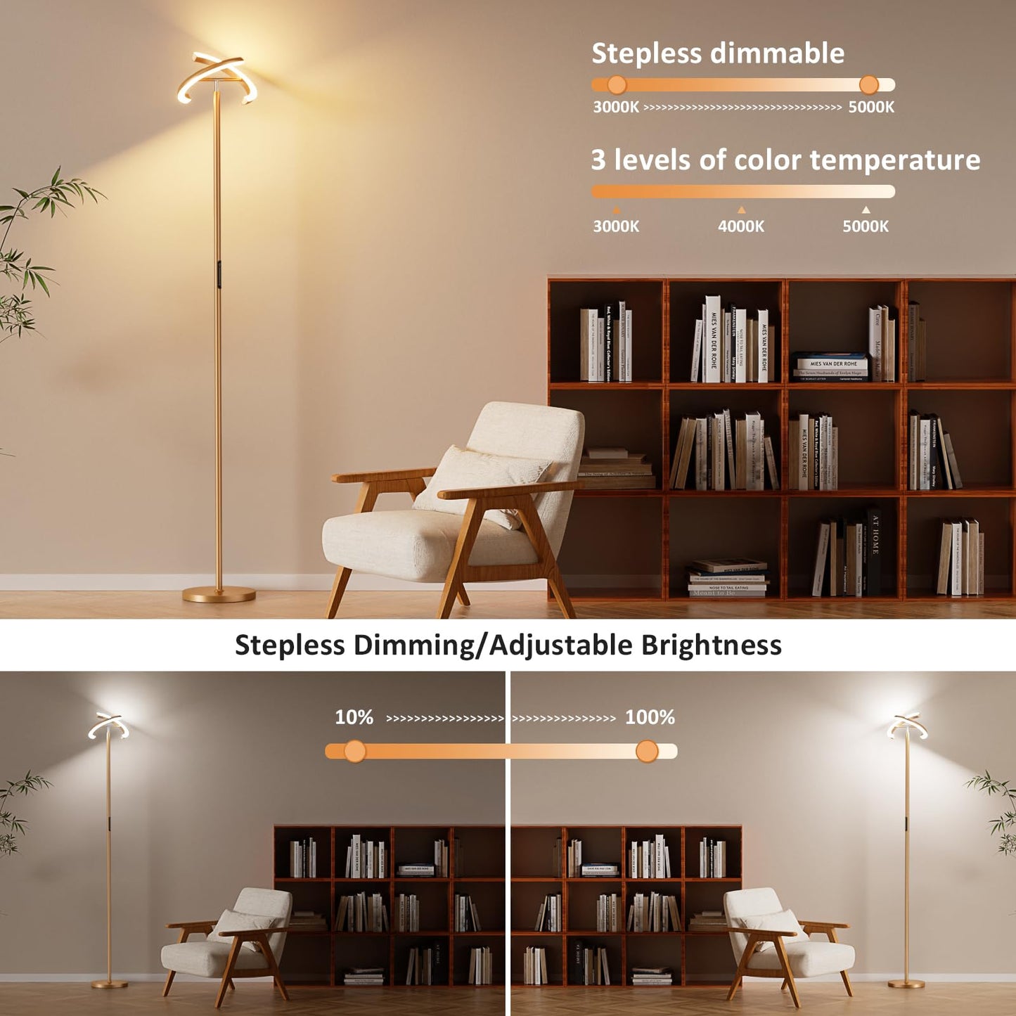 Ambimall Torchiere Floor Lamp, 2400LM LED Floor Lamp with Touch an d Remote Control, 70" Tall Standing Lamp with Stepless Dimmable and 3000K-5000K Color, Separately Rotatable Design(Gold)