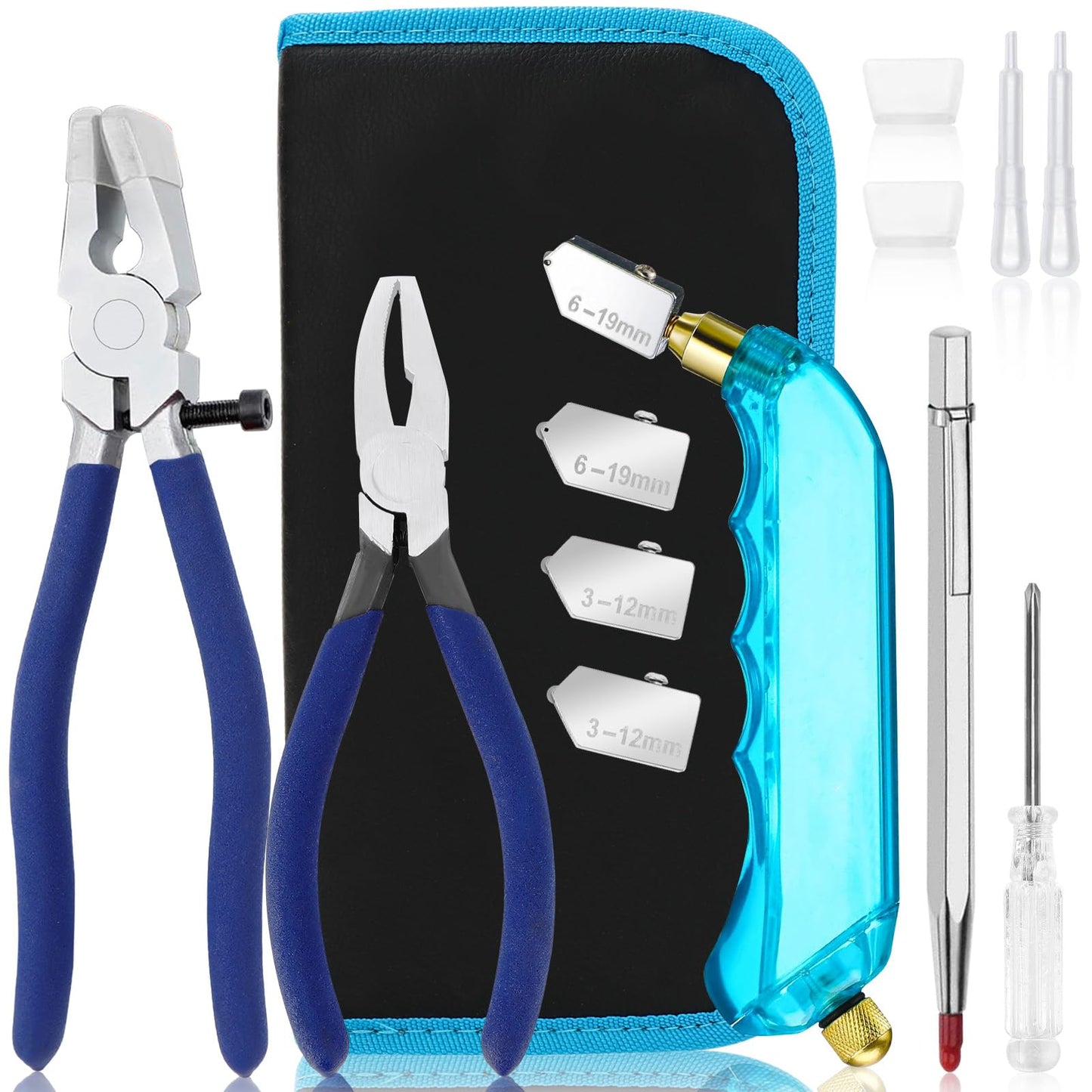 YOTINO Glass Cutting Tool Kit Includes Blue Grip Oil Feed Glass Cutter with 2 Pliers, 3 Extra Replacement Head, Tungsten Scribe Engraving Pen, Screwdriver and Oil Dropper