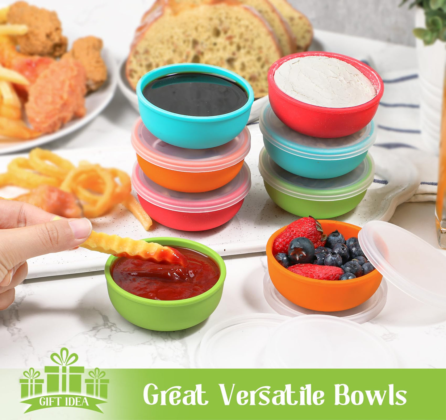 Webake 3" Silicone Pinch Bowls for Cooking Prep, 2oz Small Dipping Bowls Sauce Condiment Containers with Lids, BPA Free Set of 8