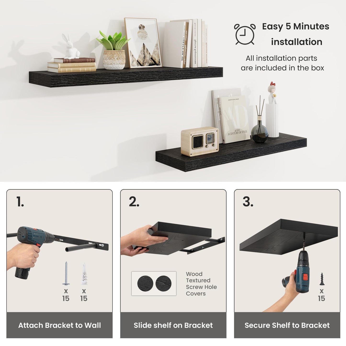 Vivelove 24” Floating Shelves Wall Mounted, 9 Inch Deep Shelves with Invisible Brackets, 60 cm Shelf 1.5” Thick for Bathroom, Bedroom, Living Room, Kitchen, Office, Home Decor, Set of 2, Black