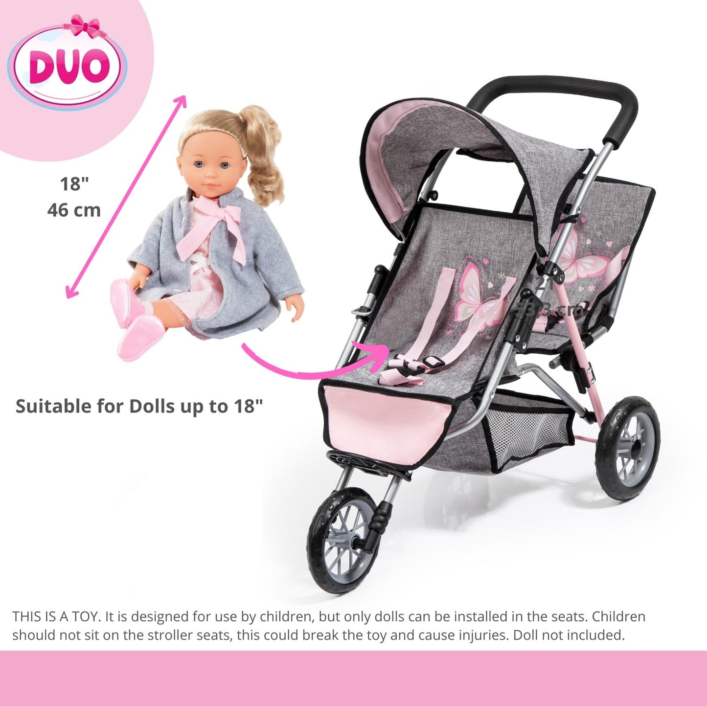 Bayer Design - Twin Dolls Pram Duo Grey Pink Butterfly - Double Stroller for Dolls, Sun Canopy, Security Belt - Dolls Up to 18” - Age 3+ - 39133AA